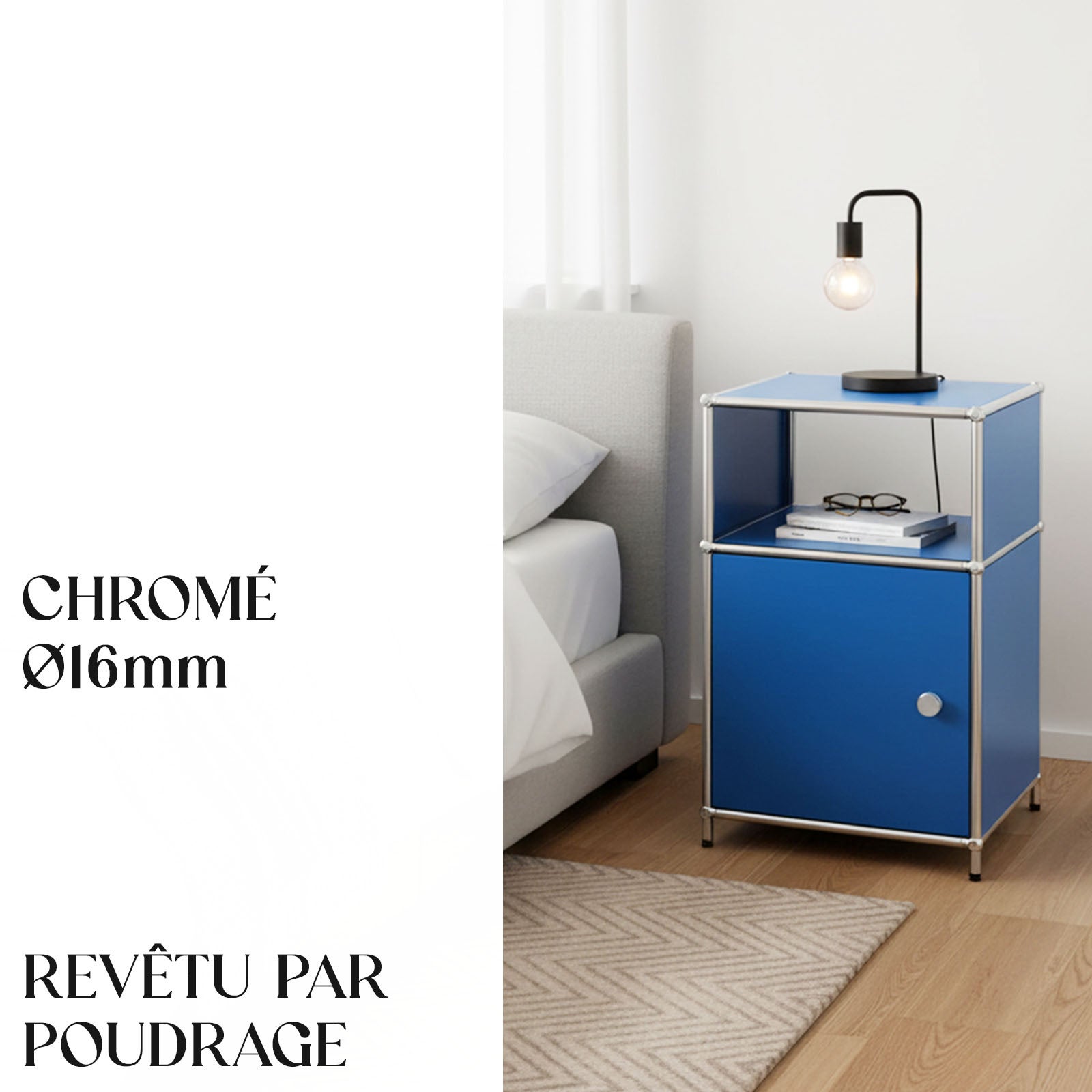 Étagère métal chromé design épuré, Concept Epuré MK-040 : 3 étages, 40 x 40 x 65 cm, Bleu - 4