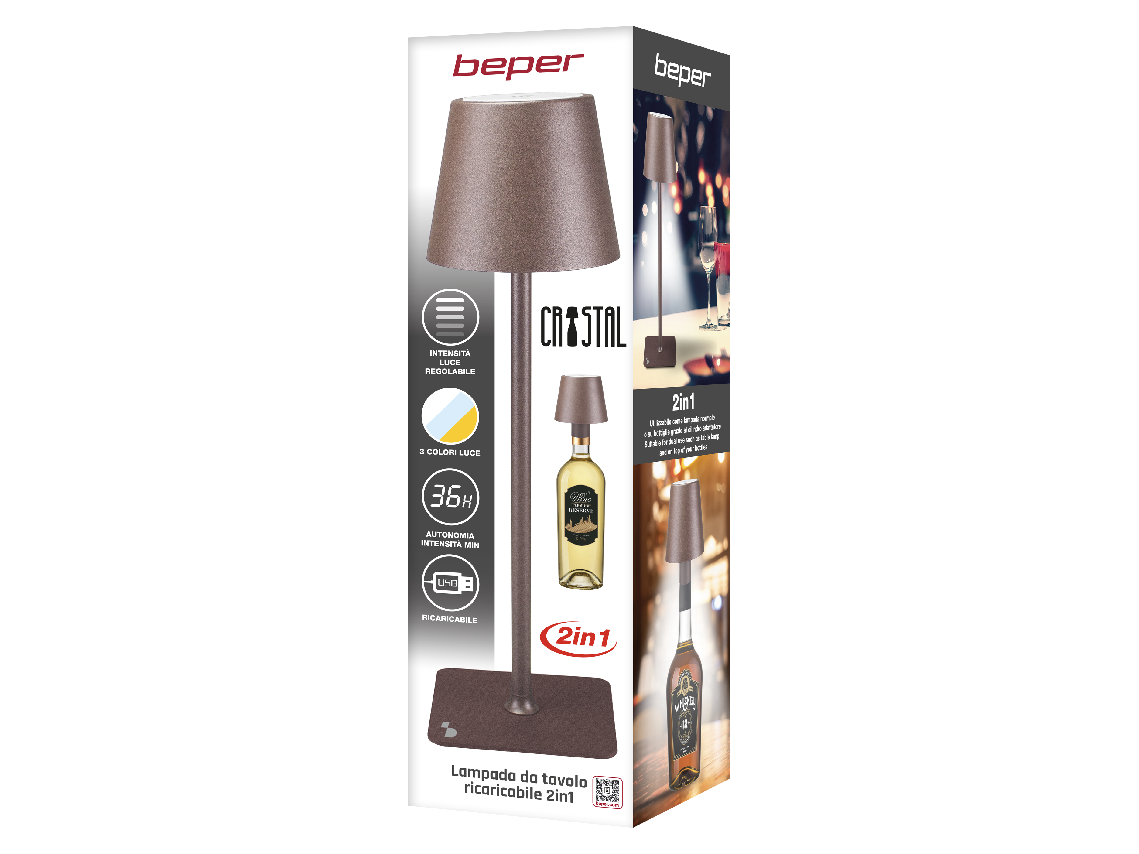 BEPER P201UTP120 Lampada da Tavolo Senza Fili 2in1, Lampada Touch da Scrivania, 1,5W, Adattatore per bottiglie incluso, Corten - 9