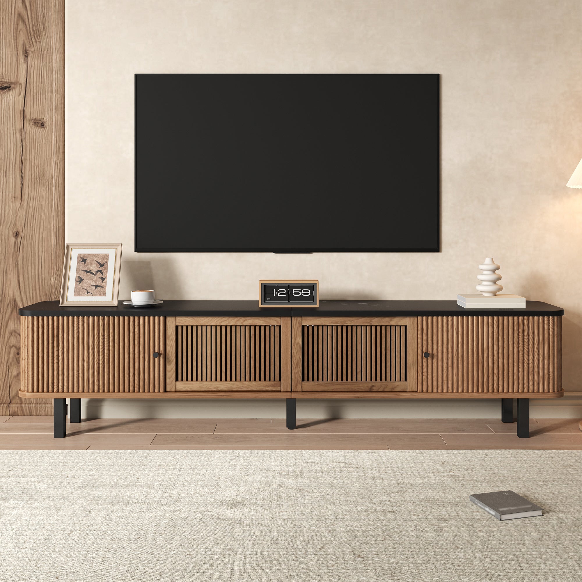 Nowoczesne meble TV 190x35x45 cm - 2 drzwi przesuwne i 2 drzwi kratowe - Naturalny