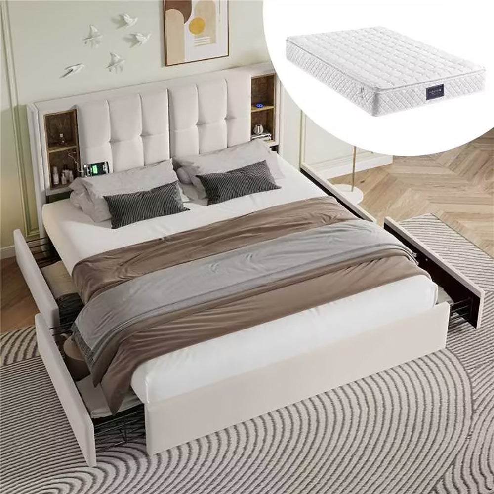 Lit Double 160x200 Cm Avec 2 Tiroirs Et LEDs | Tête De Lit Rangement | Ports USB/Type-C | Velours Blanc | Sommier à Lattes Inclus