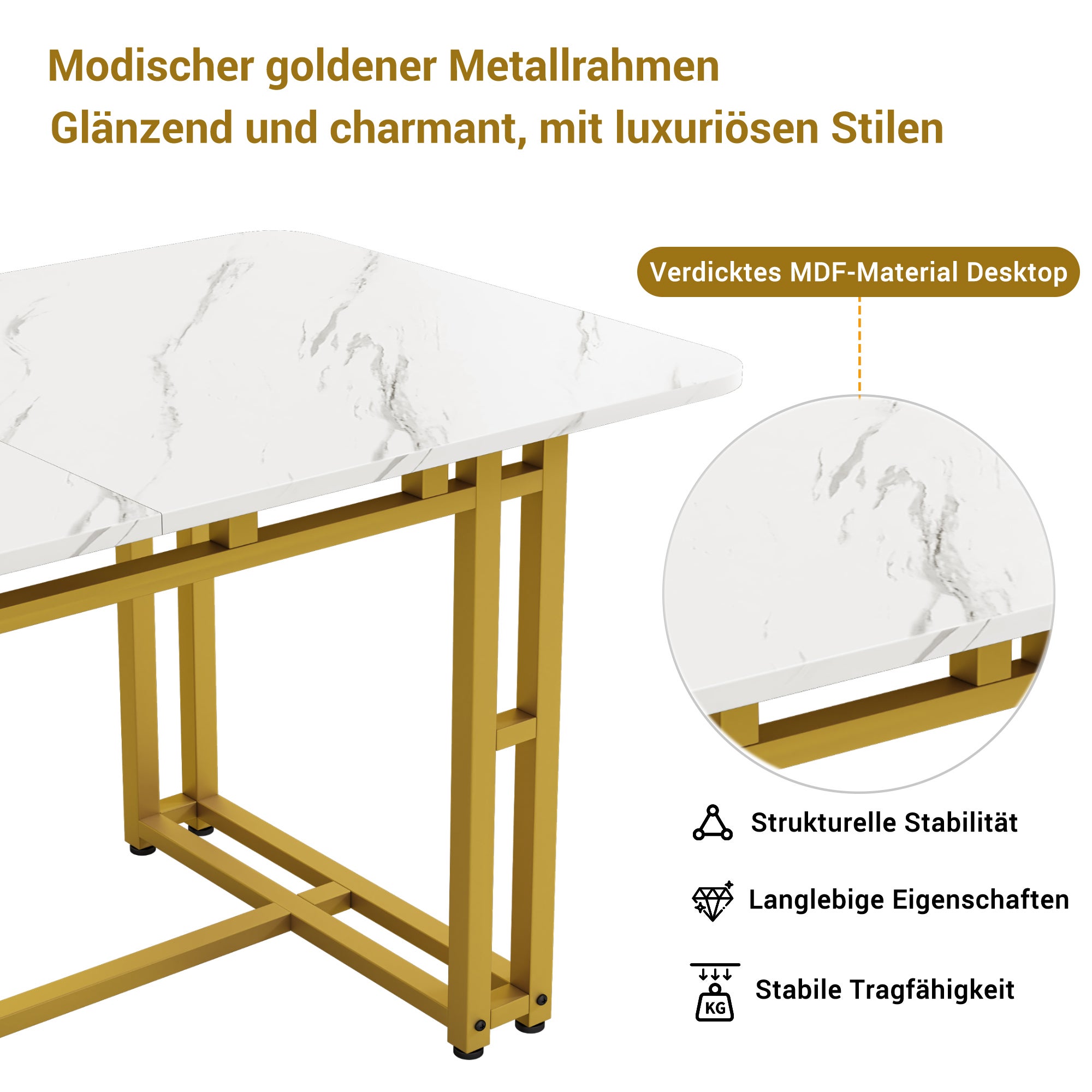 Mesa de comedor para 4 a 6 cubiertos con diseño de mármol - MDF + patas de metal dorado - blanca - 6