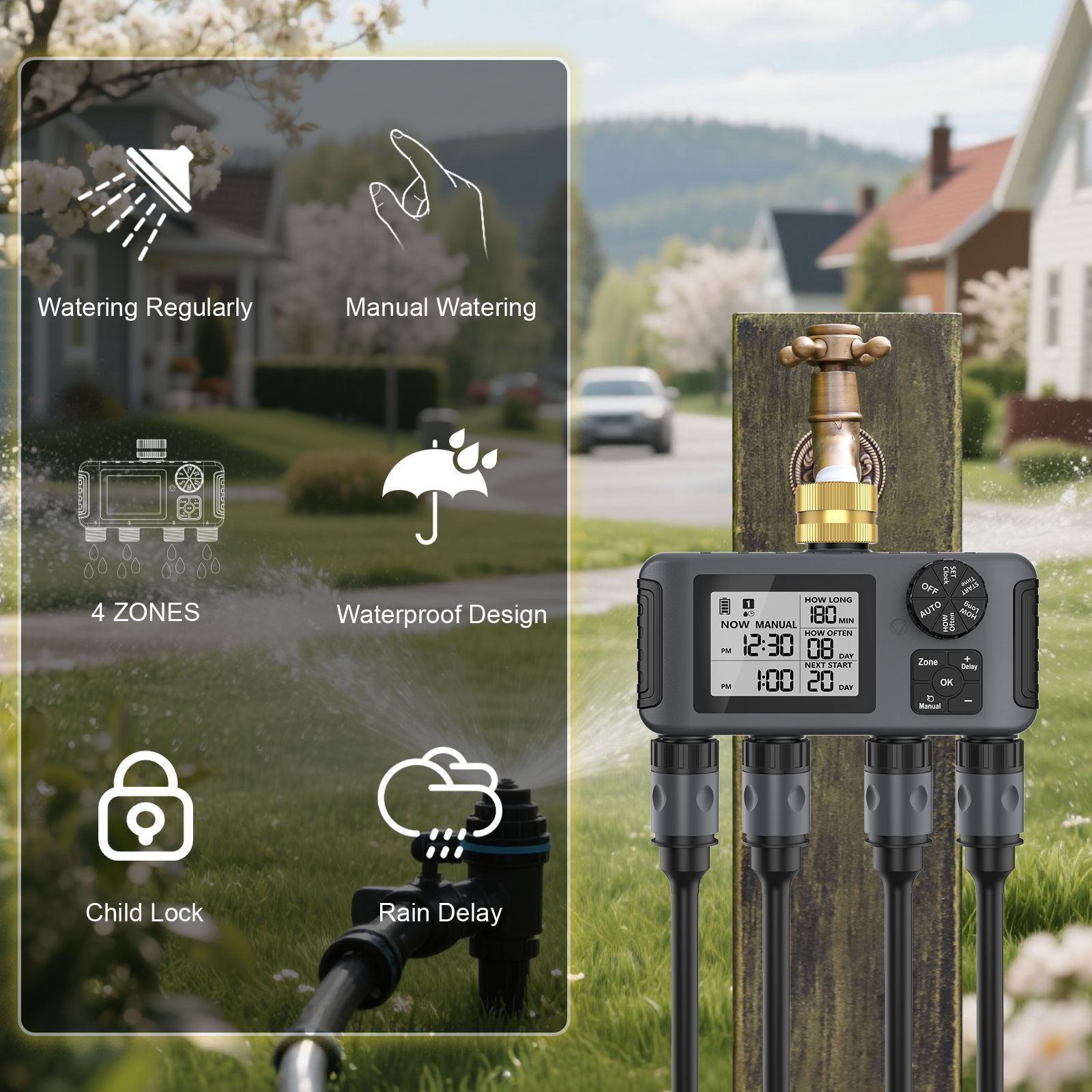 BEXTCOK Válvula inteligente de controlo individual de quatro vias, temporizador de rega automática, temporizador para rega de flores no jardim - 2