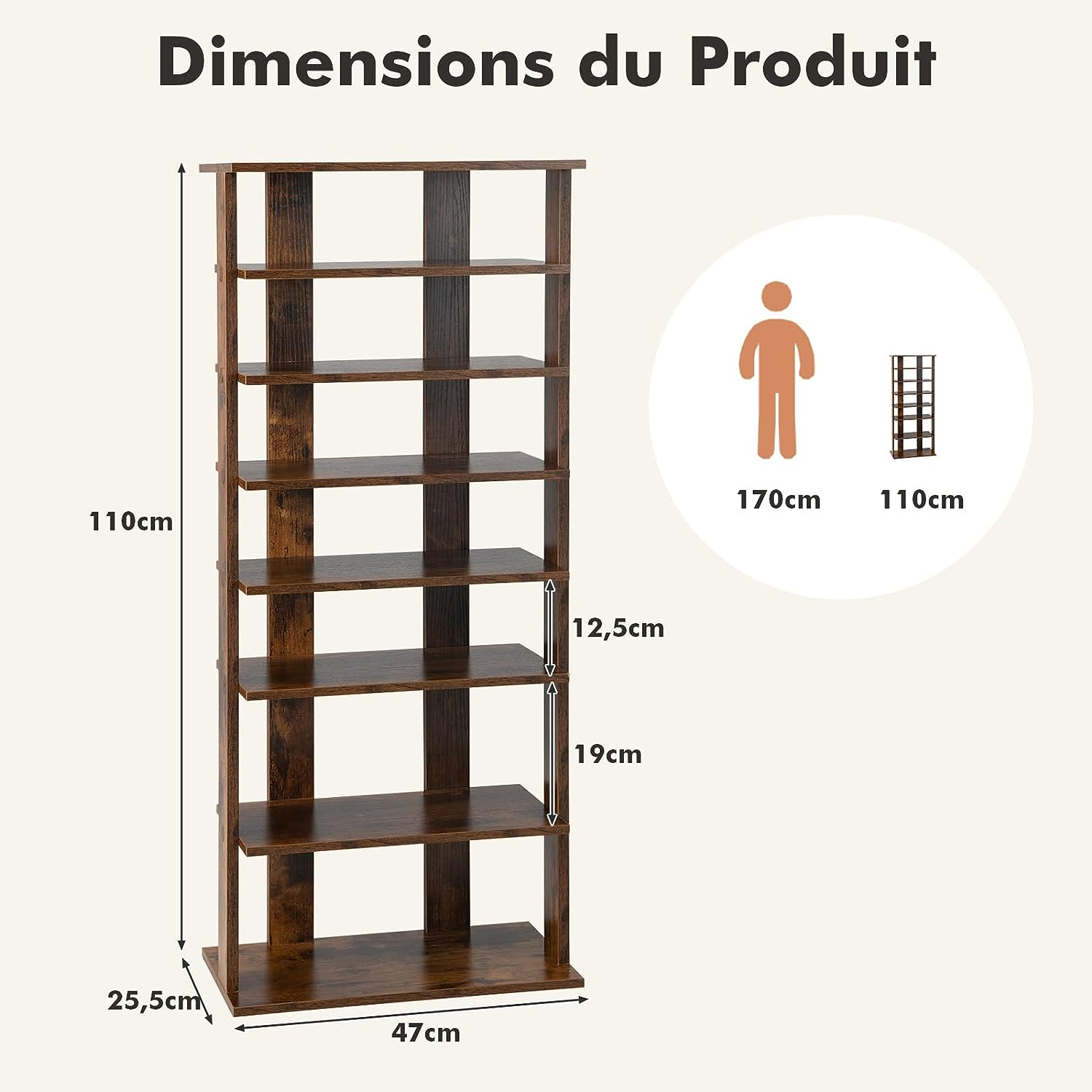Scarpiera Verticale a 7 Livelli, Organizer per Scarpe in Stile Retrò, con Pannello Rimovibile, Scaffale per Scarpe per Corridoio Ingresso Arma - 4