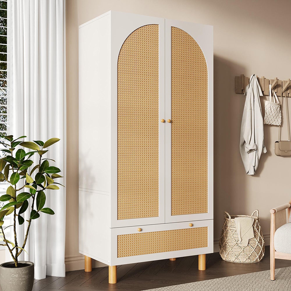 Armoire penderie à 2 portes et rotin blanc avec grand tiroir étagères réglables en hauteur - 6