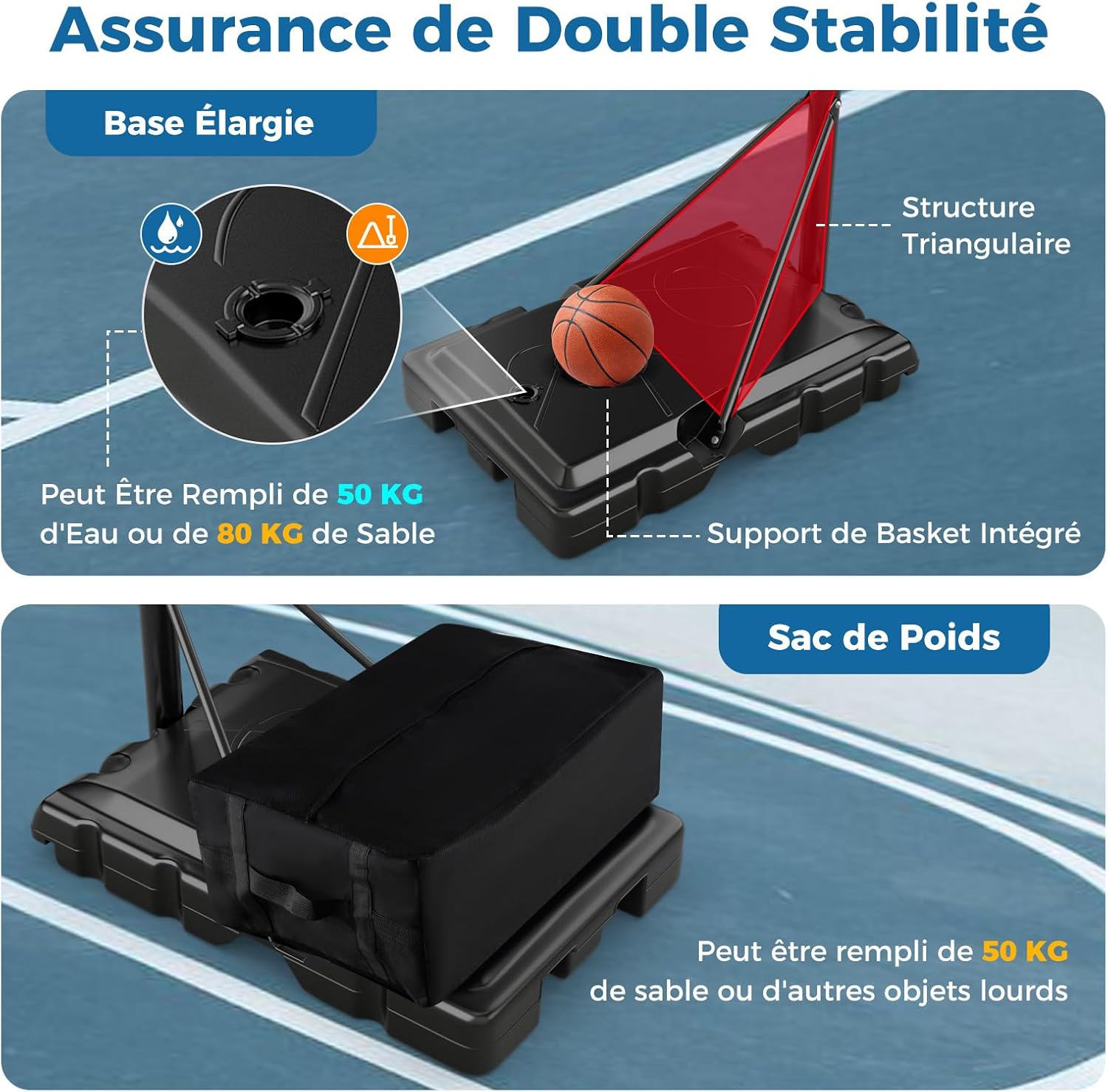 Cesto de basquetebol em suporte Altura ajustável a 10 níveis 149-305 CM, conjunto de basquetebol Base enchível Saco de peso Painel traseiro - 3
