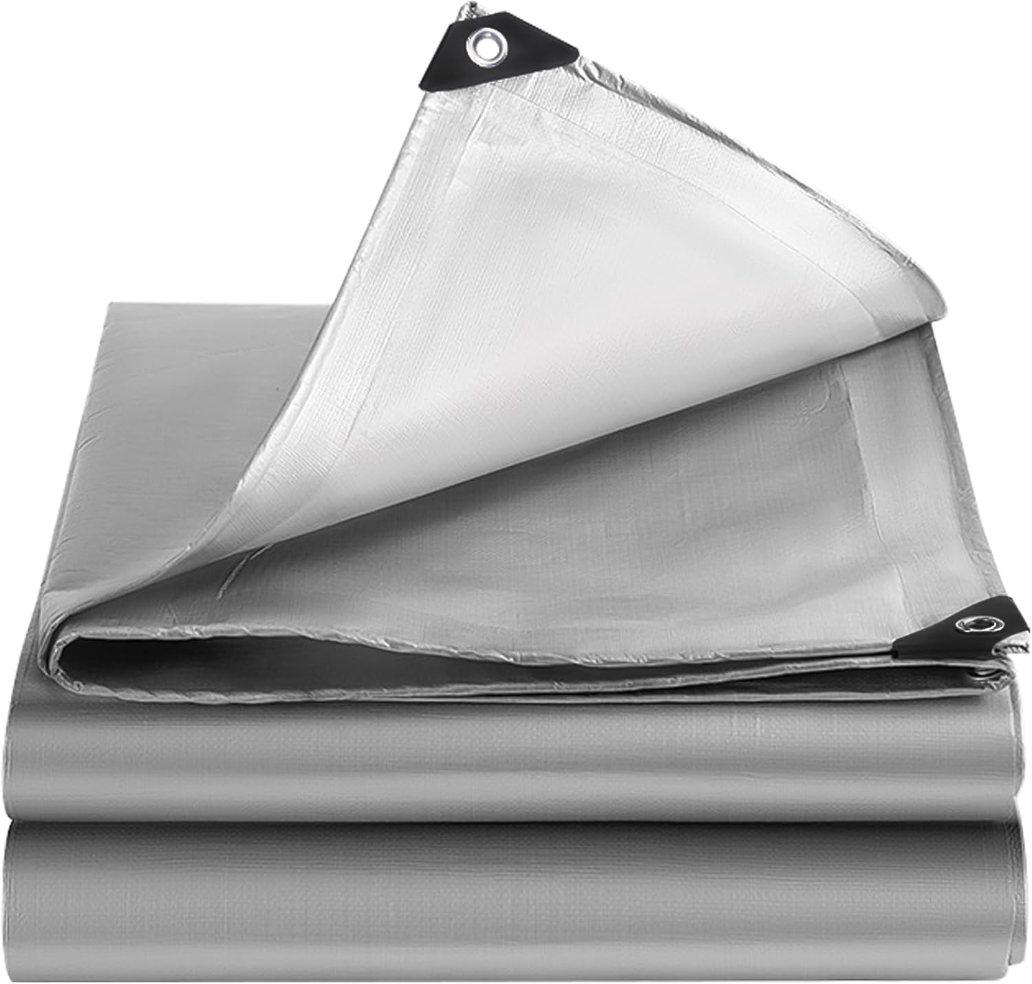 Wytrzymała, wodoodporna, srebrna plandeka z przelotkami i wzmocnionymi krawędziami, odporna na promieniowanie UV, rozdarcie i blaknięcie, idealna na k