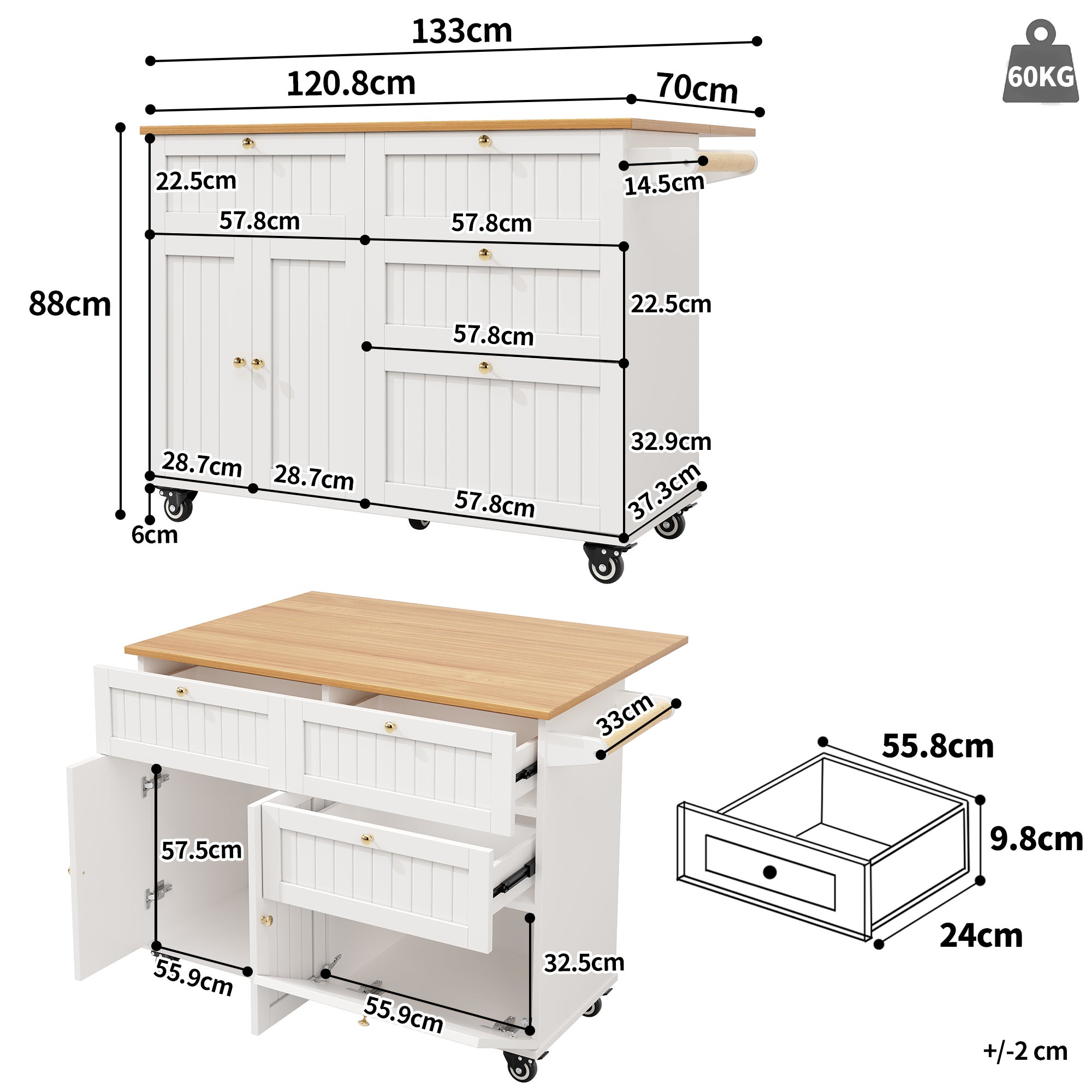 Îlot de cuisine, meuble de cuisine, meuble de salle à manger, chariot de salle à manger en grain de bois, table à manger multifonctionnelle, blanc - 4
