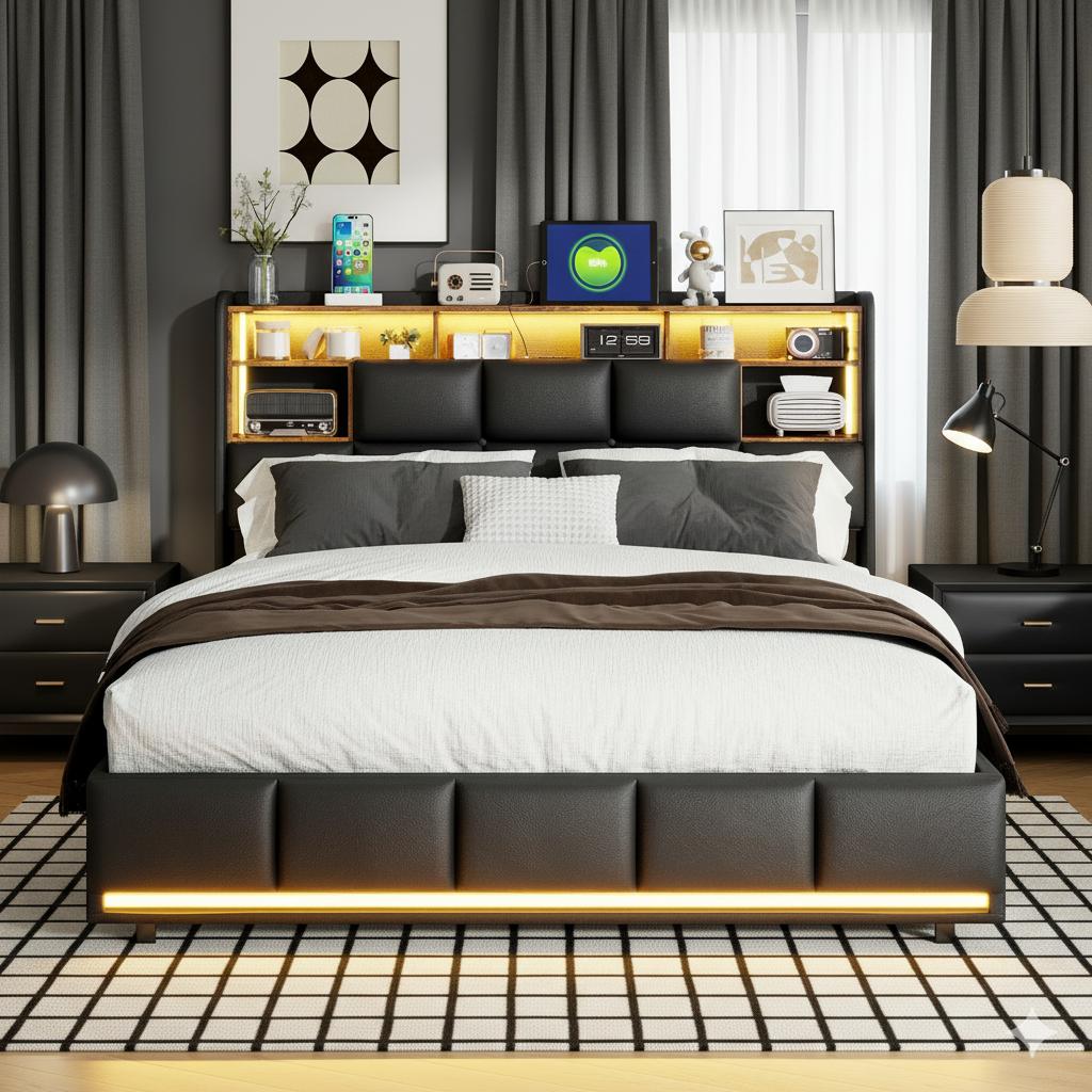 Lit 160x200cm - Lit Coffre 160 et Sommier - Tête de Lit avec Rangement & Station de Charge - Éclairage LED RGB - Similicuir Noir - 2