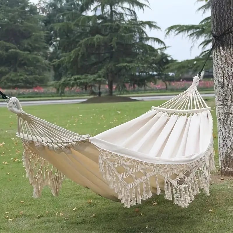 Hamac Boho en macramé crème double taille, avec pompons élégants et tricot en queue de poisson, 485 lb, comprend des cordes à nouer - 3