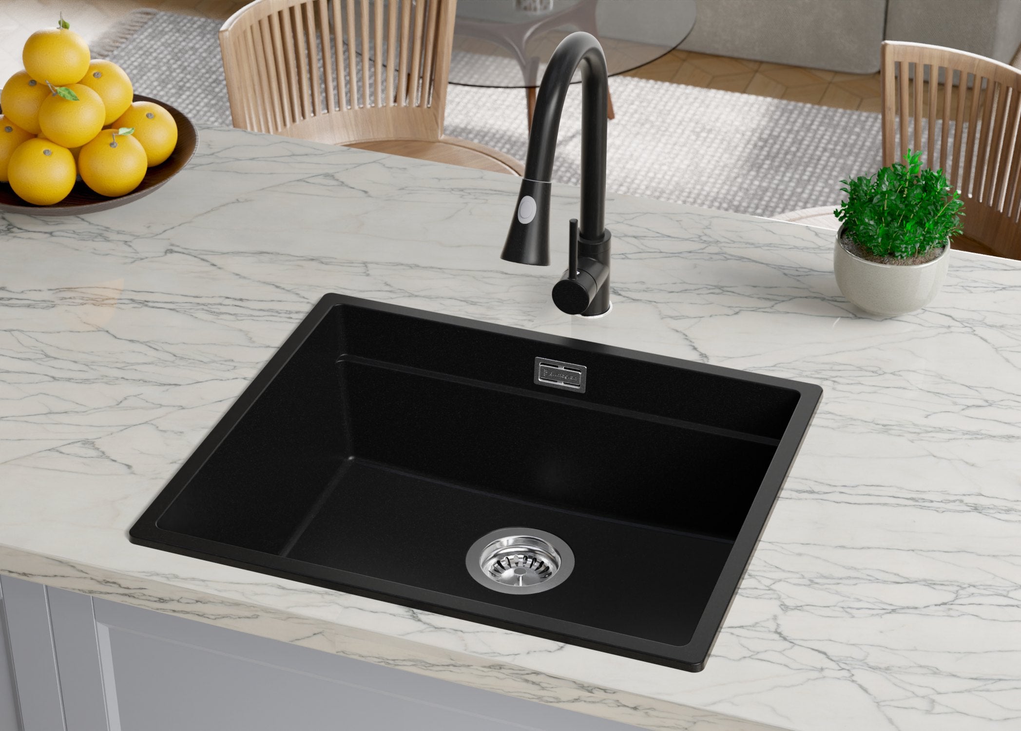 Lavandino da Cucina Nero 56x47cm, Lavello in Granito a 1 vasca + Sifone Classico + Accessori, Lavabo da Cucina Incasso al mobile 60cm PRIMAGRAN - 9