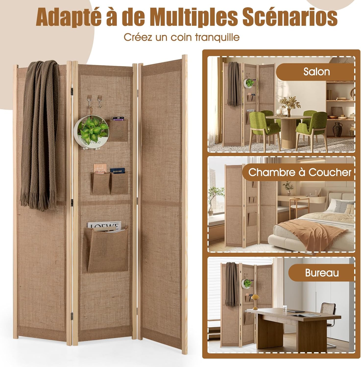 Paravent Interieur 3 Panneaux en Faux Lin avec 4Poches, 2 Crochets, Cordes en Jute et 20 Pinces en Bambou, pour Maison (120x170CM,Naturel(Porche)) - 3