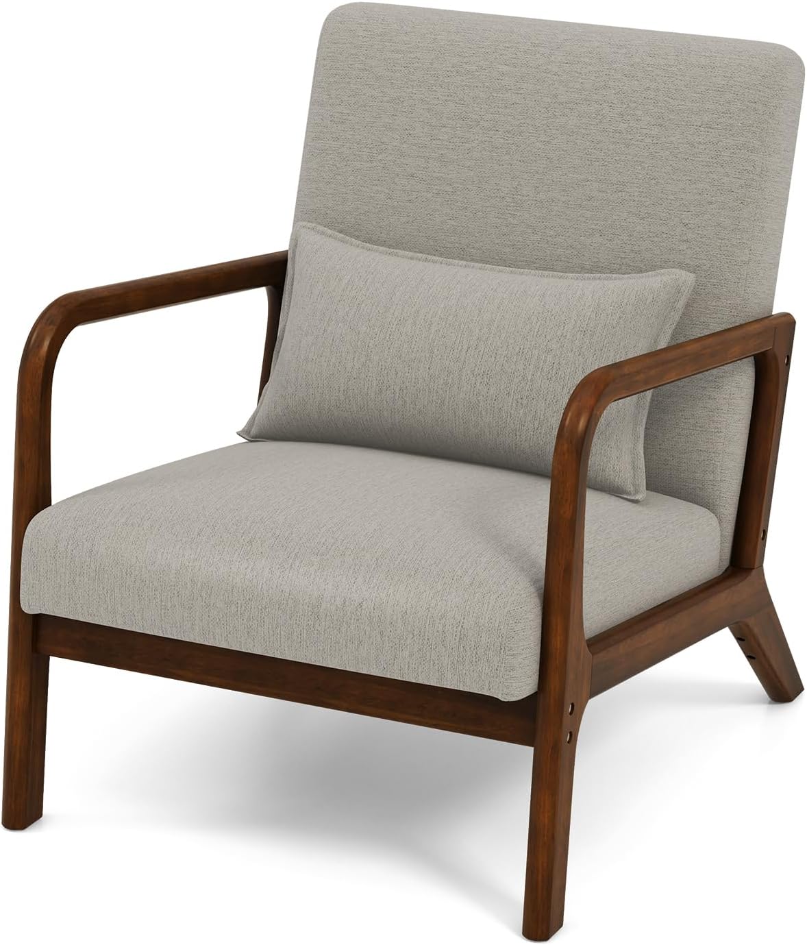 Krzesło Mid Century Accent do Wnętrz z Tapicerowanym Siedziskiem i Oparciem z Gumy i Drewna z Poduszką Lędźwiową, Krzesło Salonowe (Szare)