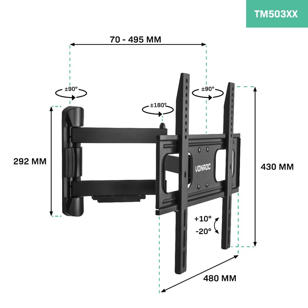 Support TV mural orientable VONROC - Universel 32 à 75 pouces – 50 kg max. - Matériel de montage inclus - 2