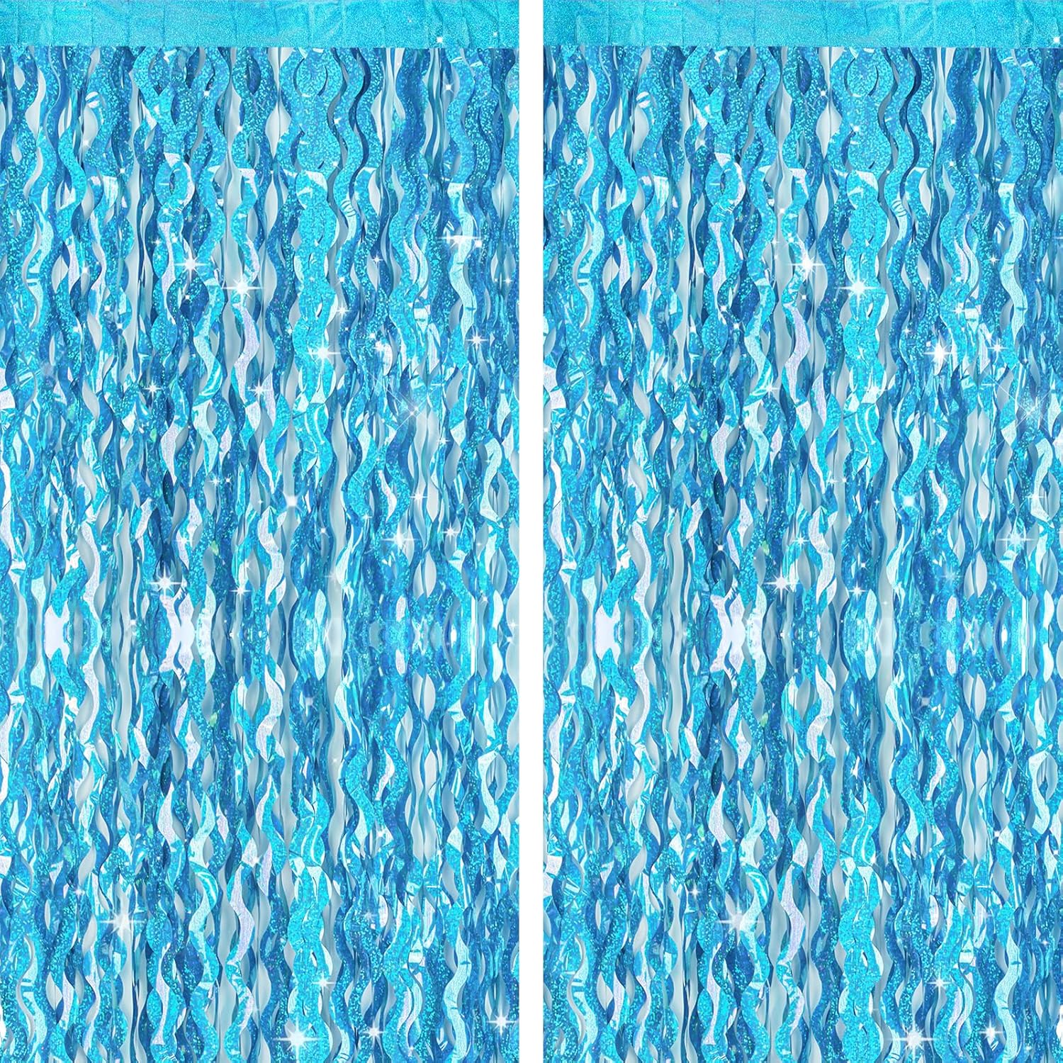 2 Rideau Franges Vagues Bleu: Metalowa kurtyna dekoracyjna z efektem falowania na przyjęcie urodzinowe, Syrena, Księżniczka Lodu,