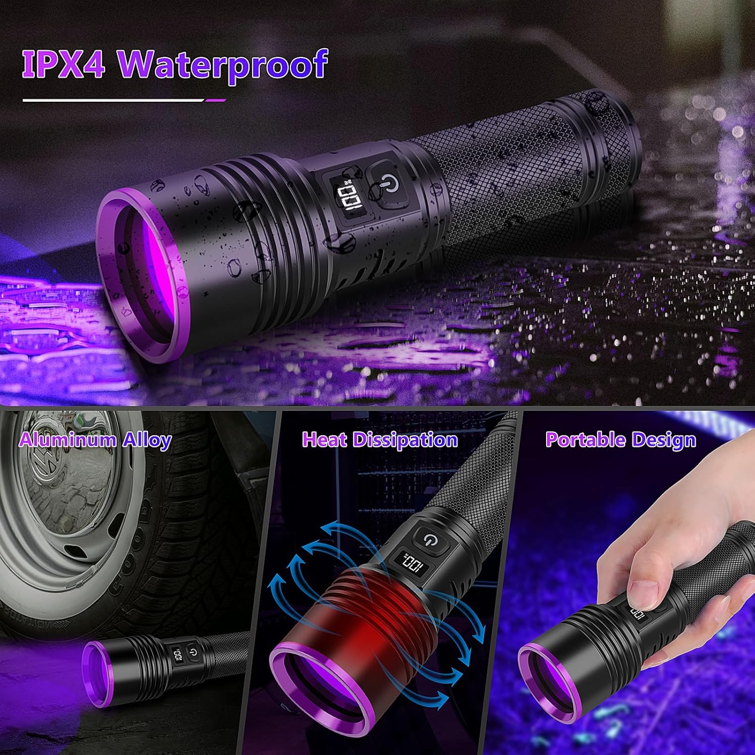 Latarka UV 365 nm, światło czarne, akumulatorowa lampa LED UV 30 W z ekranem LCD, mocna latarka ultrafioletowa do wykrywania moczu zwierząt i utwardza - 5