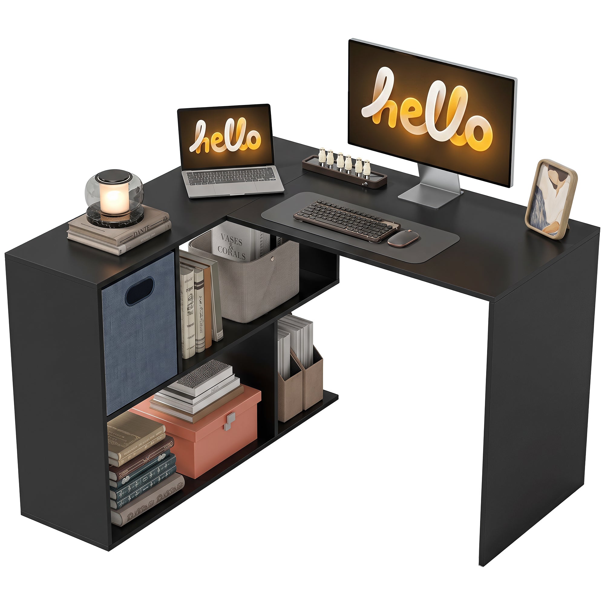 Bureau d'angle moderne avec étagère en tissu et tiroir, 110 x 100 x 75 ...