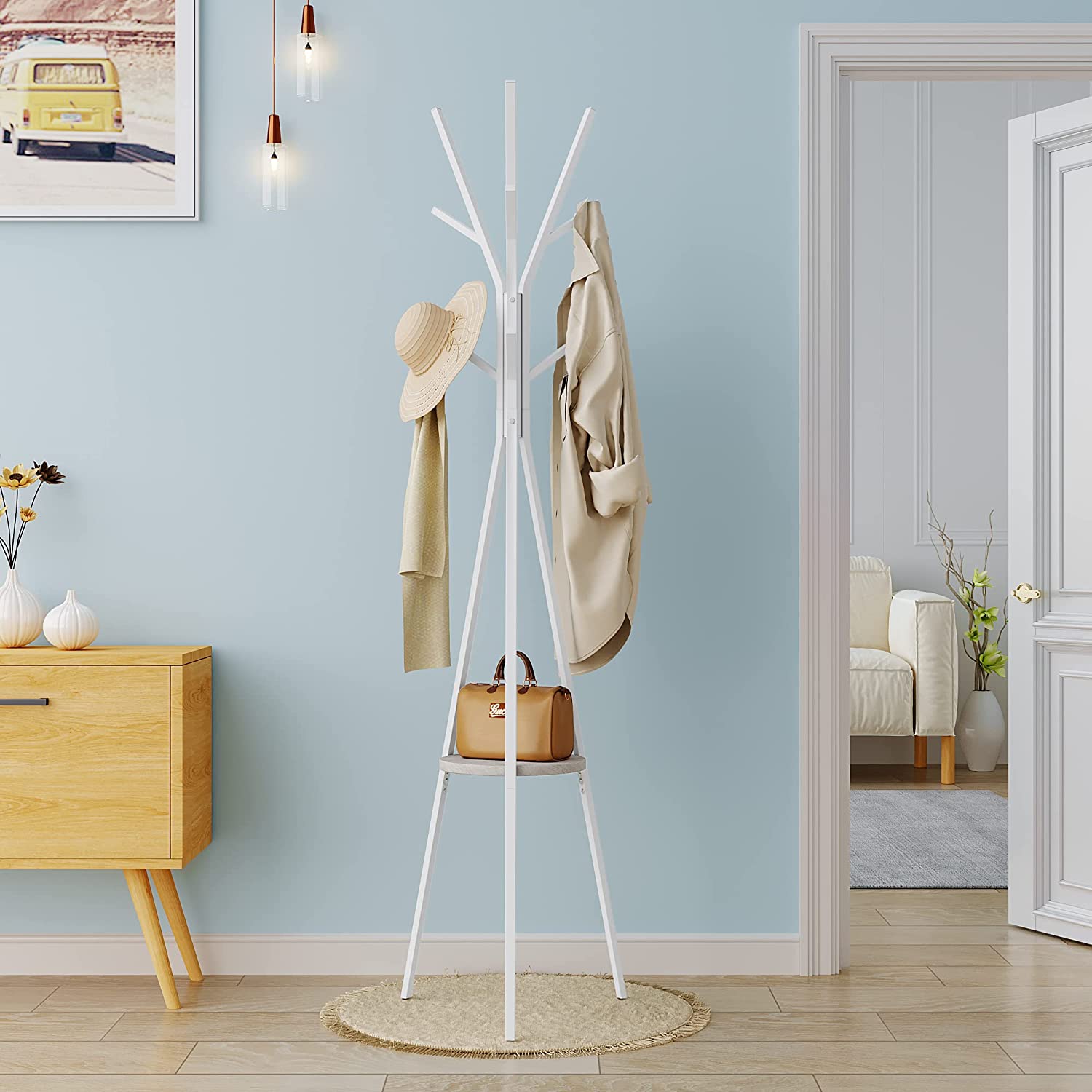 Portemanteau Sur Pied En Bois Avec 7 Crochets - Hauteur Réglable 183 Cm Pour Chambre, Entrée, Bureau | Design épuré Et Stable, Support Jusqu'à 10 Kg Par Crochet