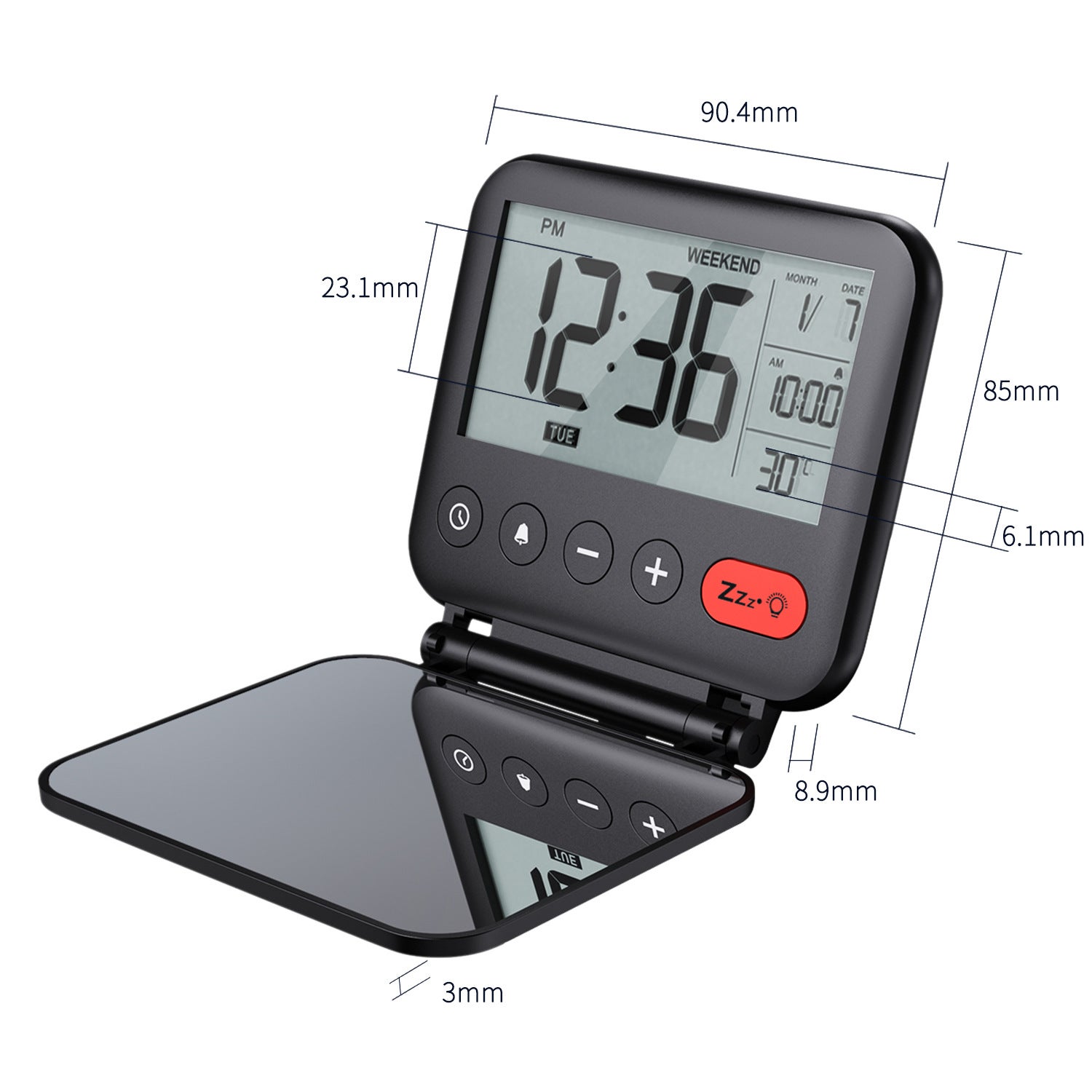 Réveil de voyage Mini portable LCD numérique avec calendrier rétroéclairé, affichage de la température 12/24h, miroir de maquillage, petit réveil de - 3