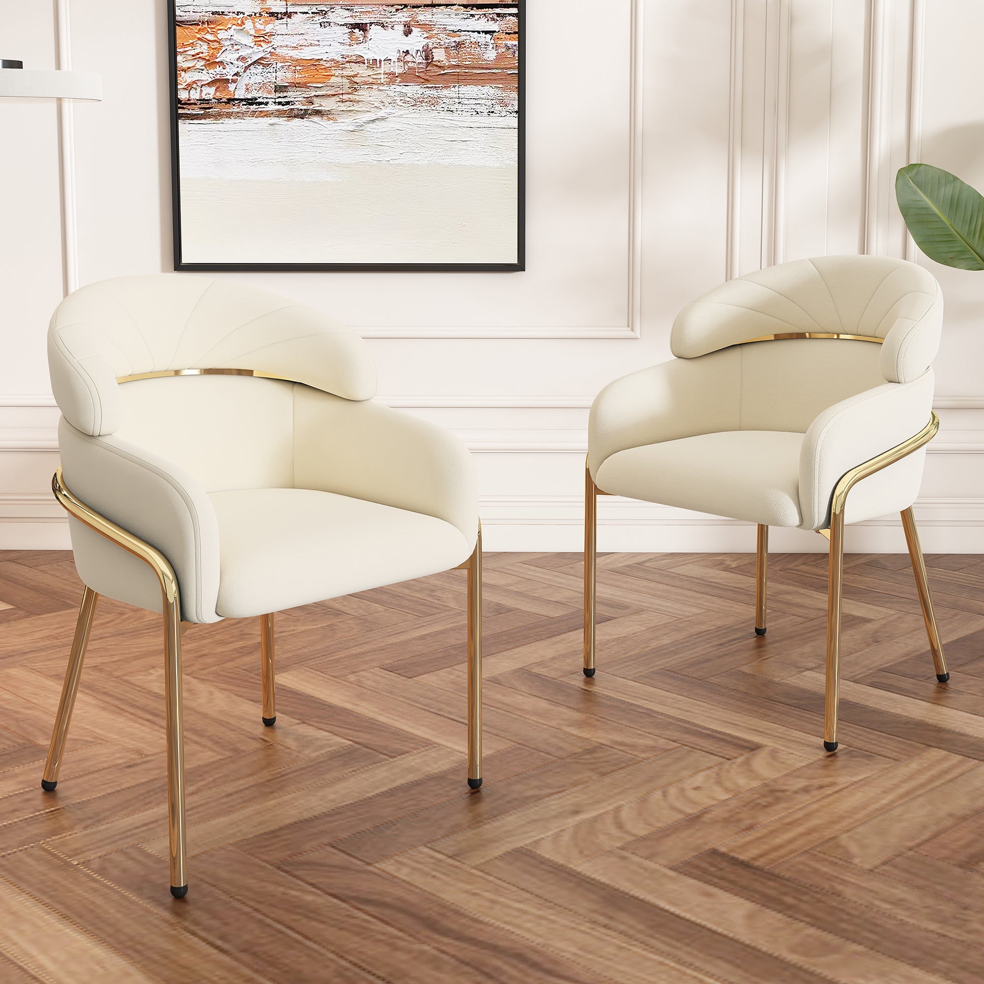 Komplet 2 krzeseł do jadalni z podłokietnikami - 53 x 45 x 79 cm - Aksamit i złote metalowe nogi - Beżowy
