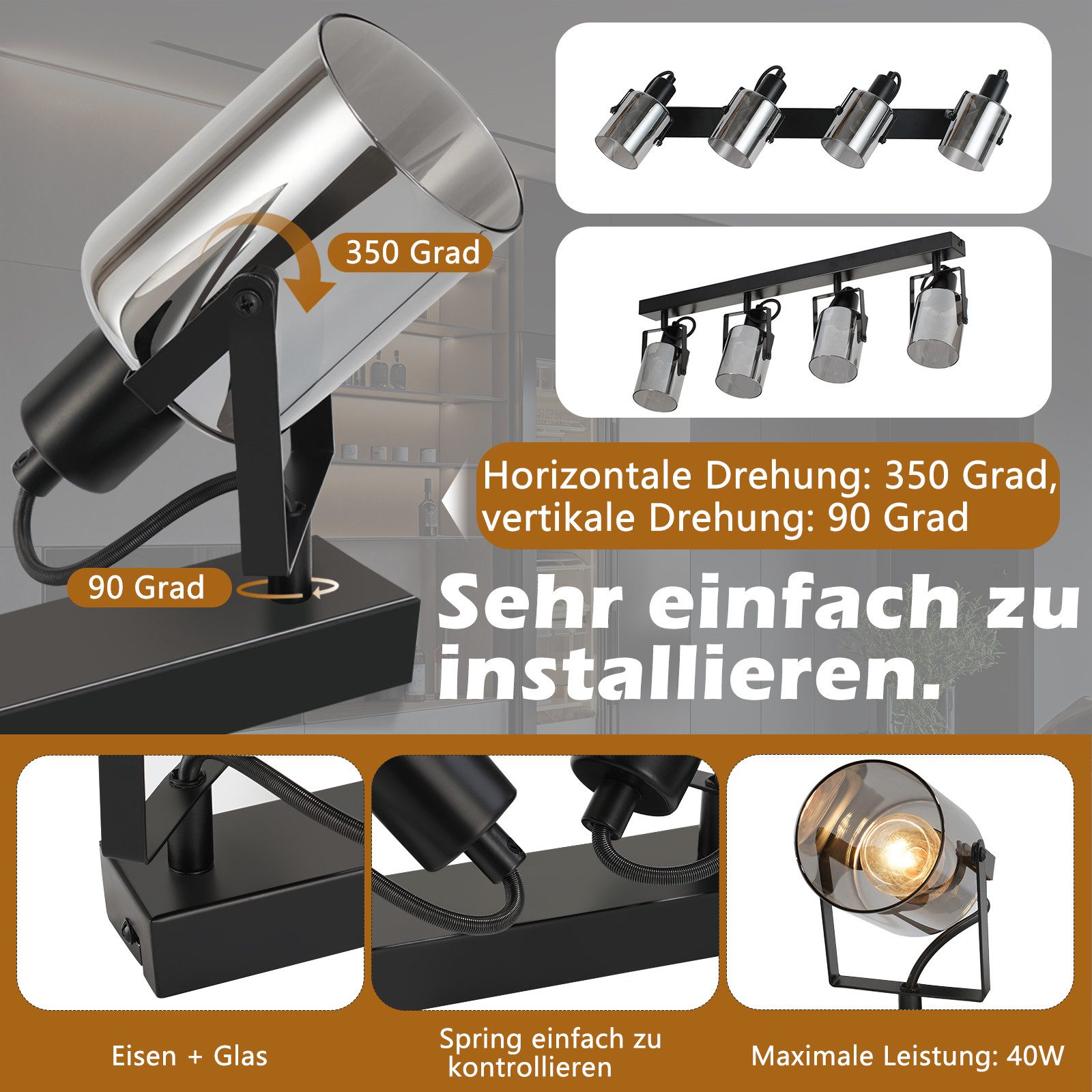 NETTLIFE Foco de techo negro 4 bombillas Lámpara de techo industrial vintage orientable 350° E14 - 2