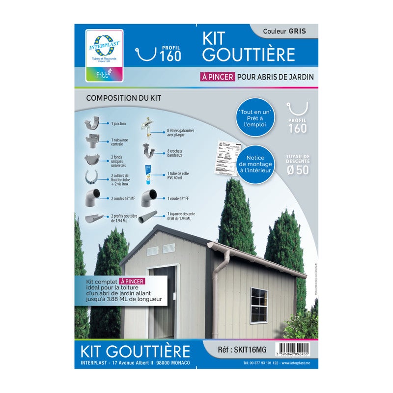 Kit gouttière pour abri de jardin en métal dév.160 gris - Fitt - Gris - PVC - 2