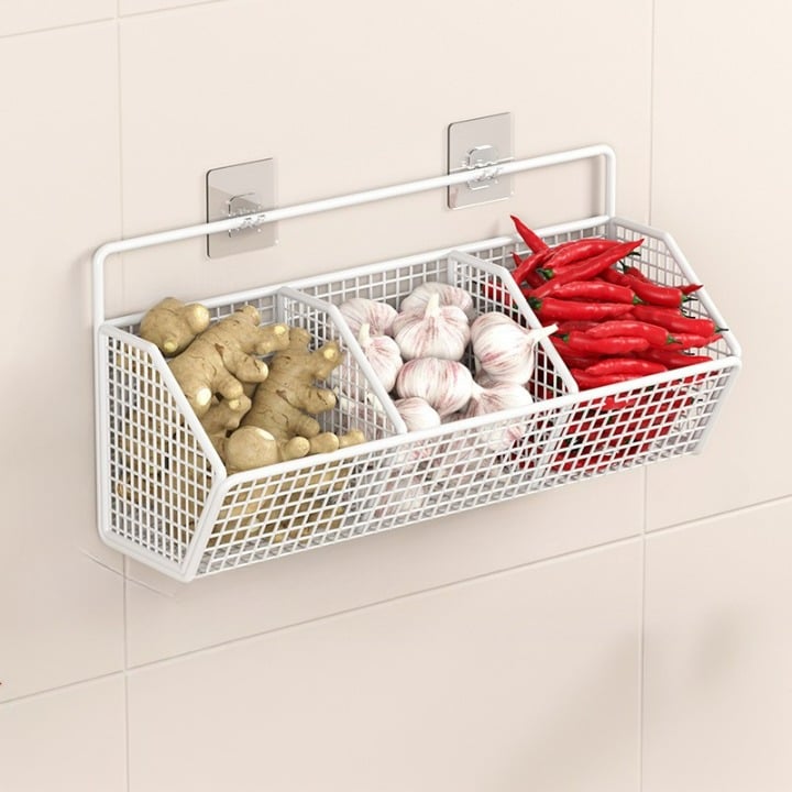 Organizer ścienny na cebulę, imbir i czosnek, koszyk na warzywa i przyprawy, biały, 36*8,4*15,3 cm