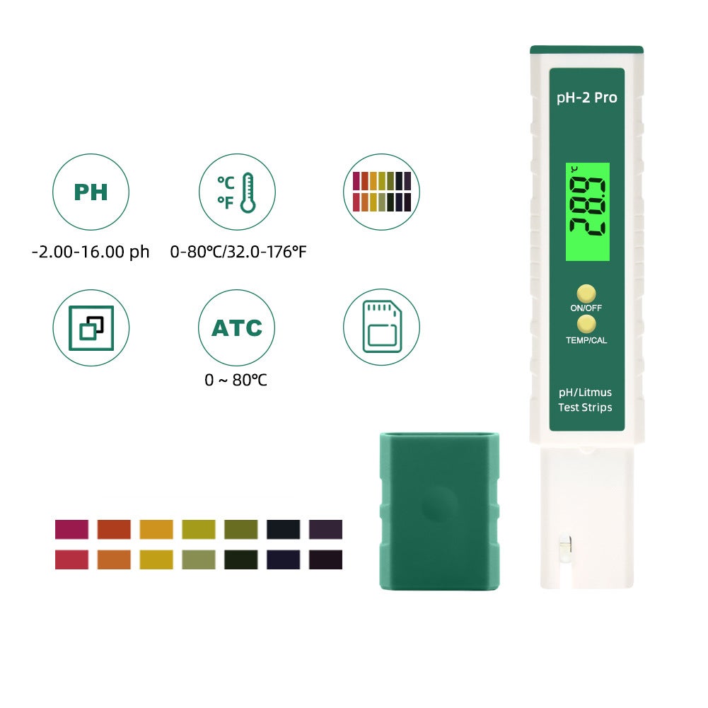 Stylo de test d'acide et d'alcali de pH d'affichage de température de PH-2Pro blanc et vert, mètre d'essai de qualité de l'eau - 7