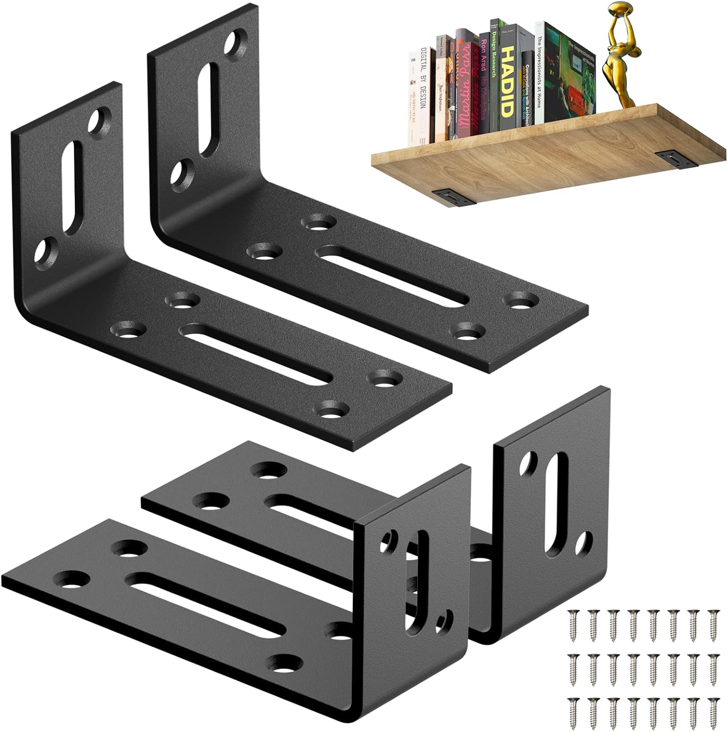 Zestaw 4 czarnych metalowych wsporników 83,8 x 30,1 mm – Mocowanie w kształcie litery L do stołów i biblioteczek, antykorozyjne