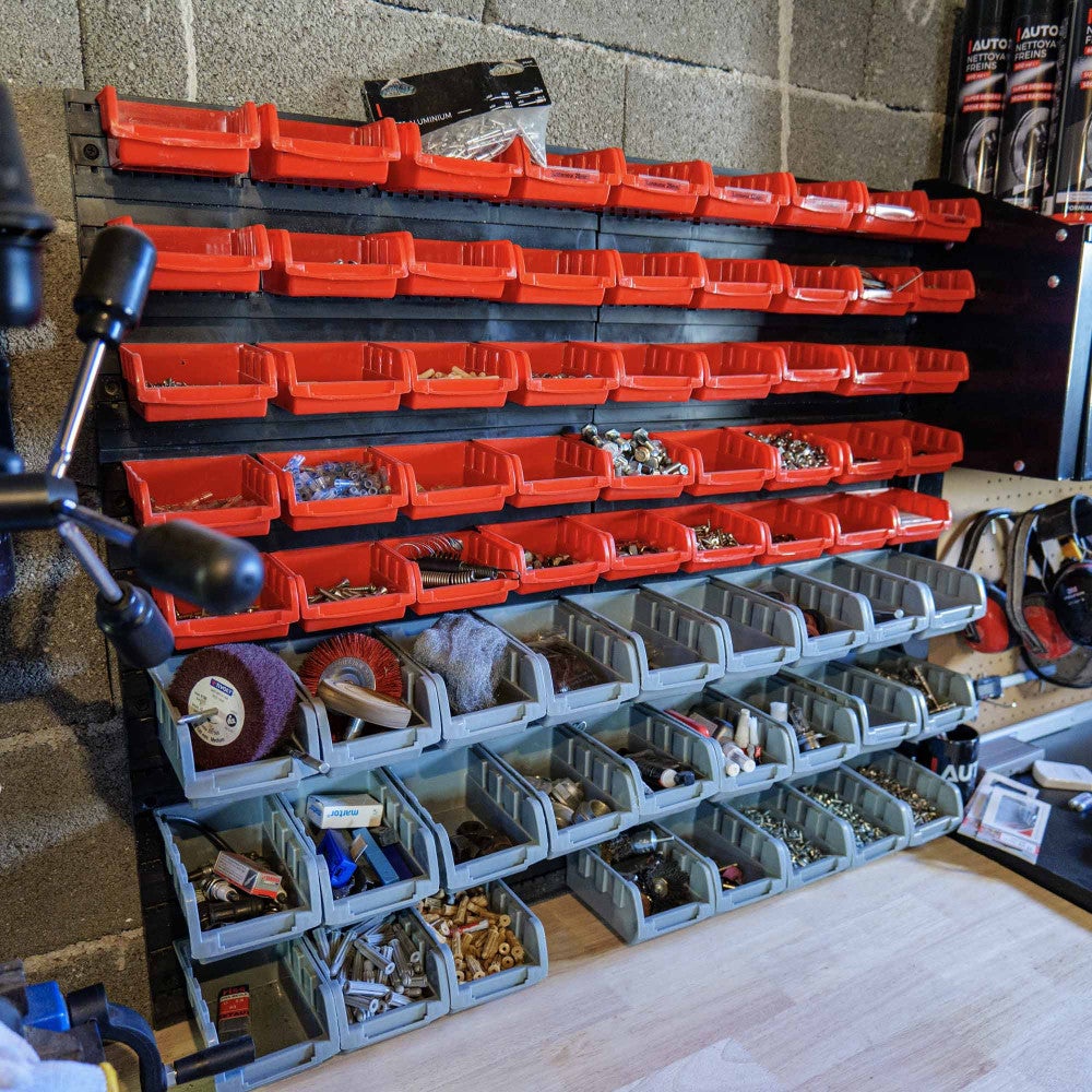Etagère murale rangement outils - 72 bacs de rangement empilables - 6 panneaux 47,5 X 27,2 X 1,5cm - Rangement Atelier Garage - 4