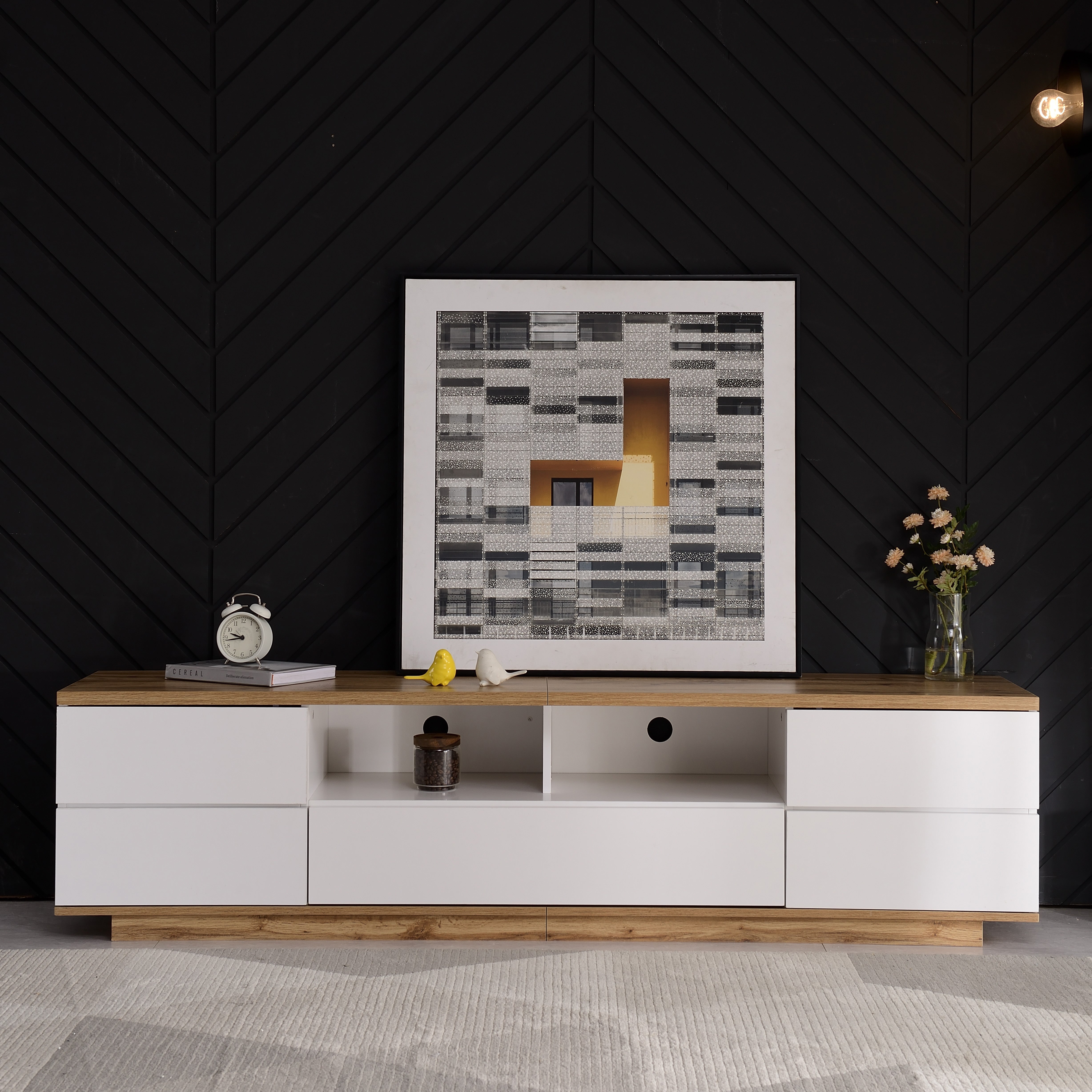 Szafka RTV 180 cm - 5 drzwi i 2 wnęki - MDF - okleina naturalna i biała