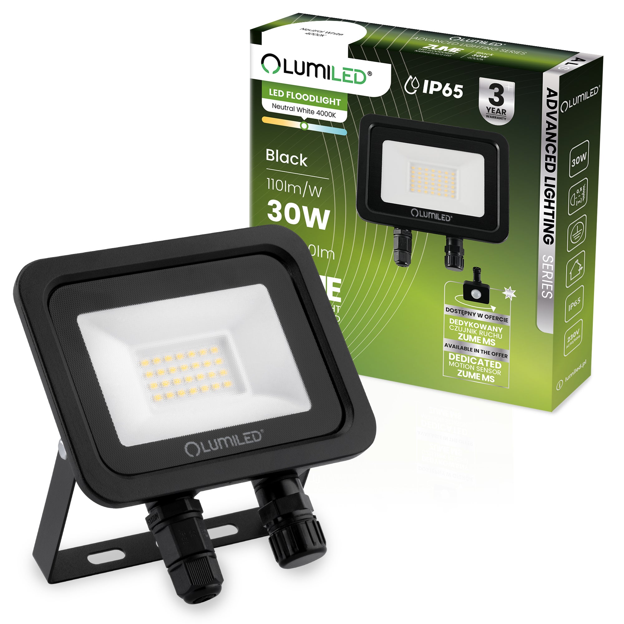 Naświetlacz LED Lumiled 30W 3300lm 4000K Neutralna biel IP65 Czarny 1 szt.