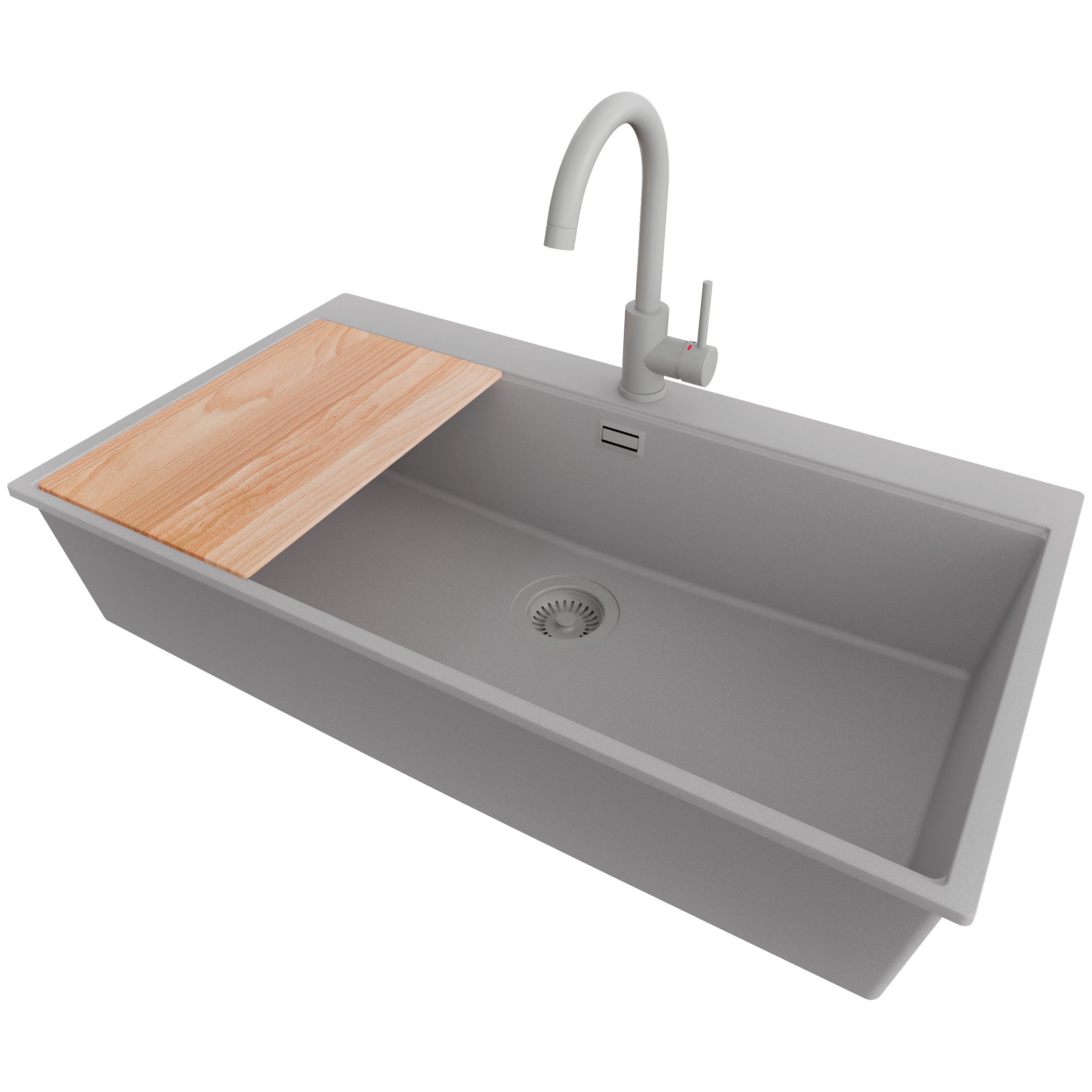 Zlewozmywak Granitowy Szary 88x50cm, Zlew Kuchenny 1 Komorowy + Bateria 32x20cm + Syfon + Deska, Nablatowy do szafki od 90cm - Oslo PRIMAGRAN