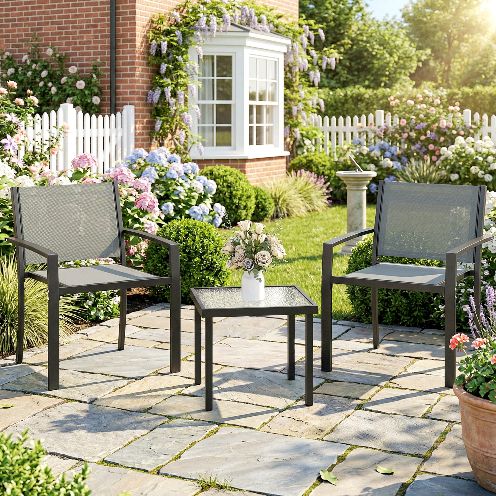 Ensemble table terrasse extérieure 3 pièces chaises 2 chaises textile table verre trempé, gris clair - 3