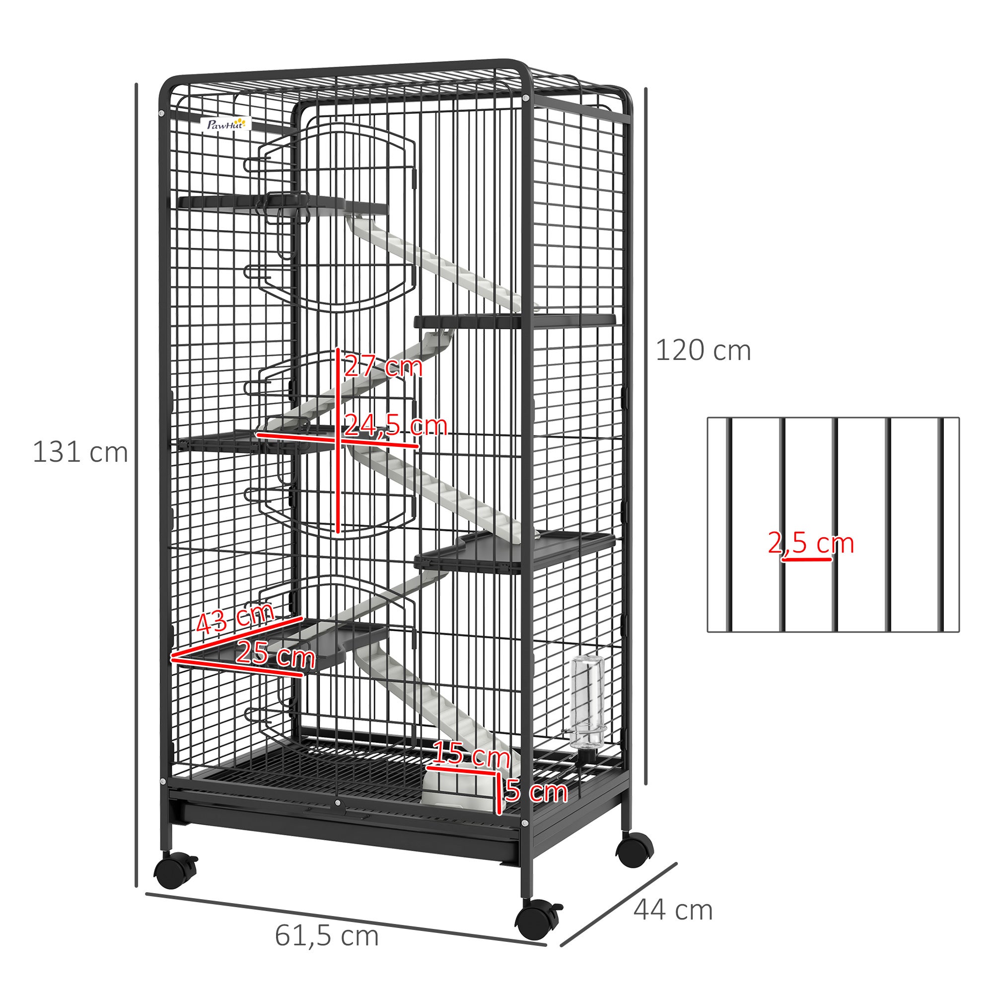 Gaiola para Roedores PawHut Metal e PP Preto 64x43,5x131 cm - 3
