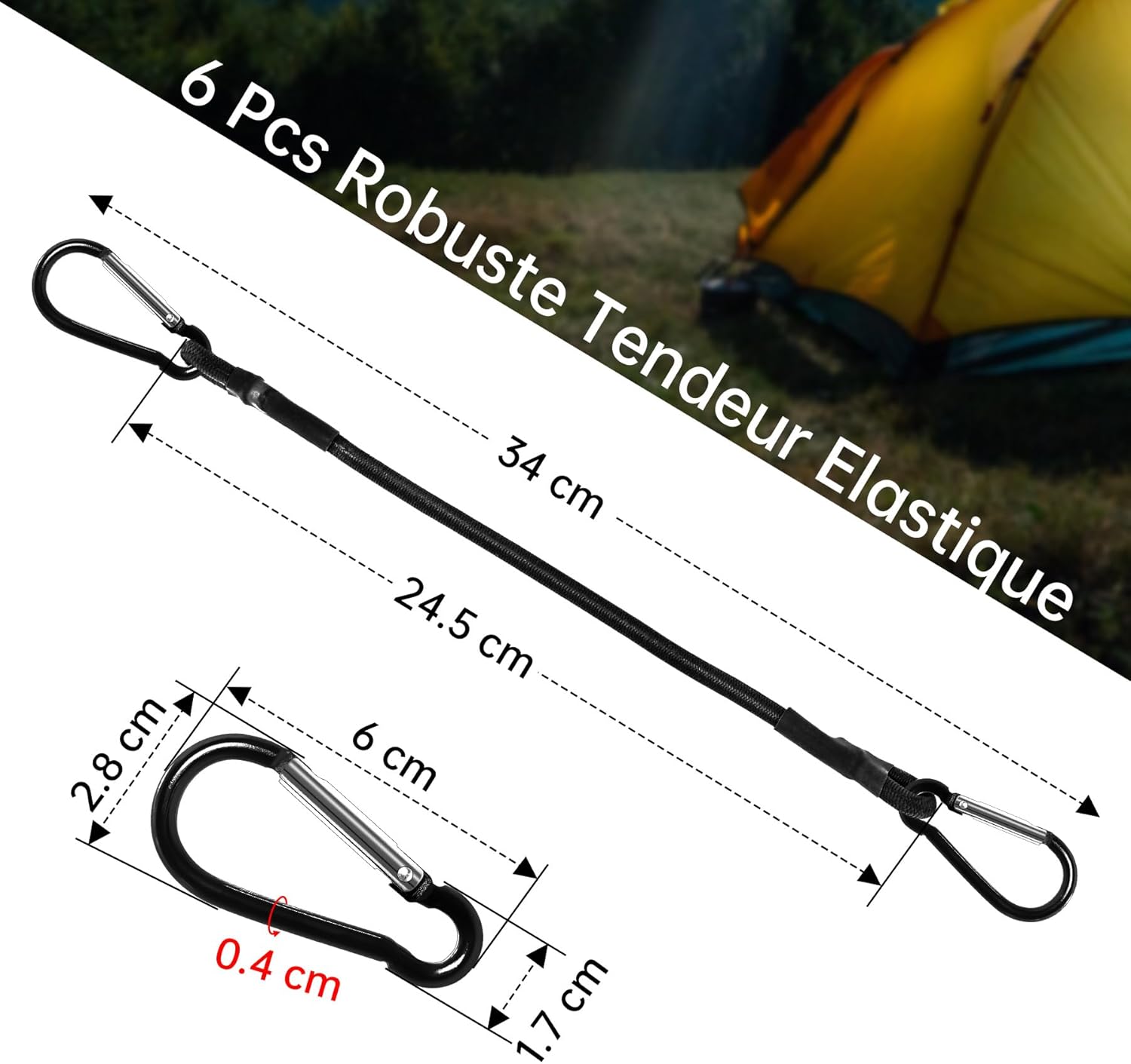 szt. wytrzymałych linek bungee, linek bungee z karabińczykami, 35 cm linek bungee z haczykami do kempingu, plandek, namiotów, bagażu, samochodów i mot - 2