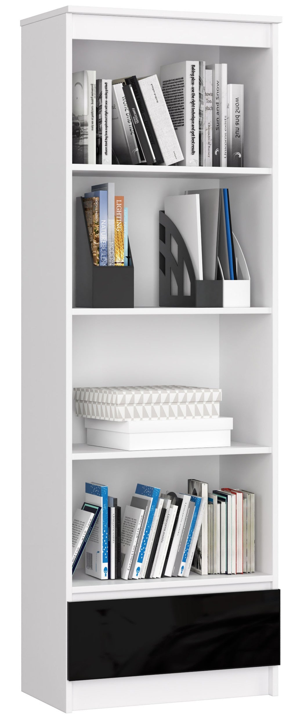 Regał AKORD R60 Biały 60 cm 1 szuflada kolor Czarny Połysk 4 półki 60x35x180 cm