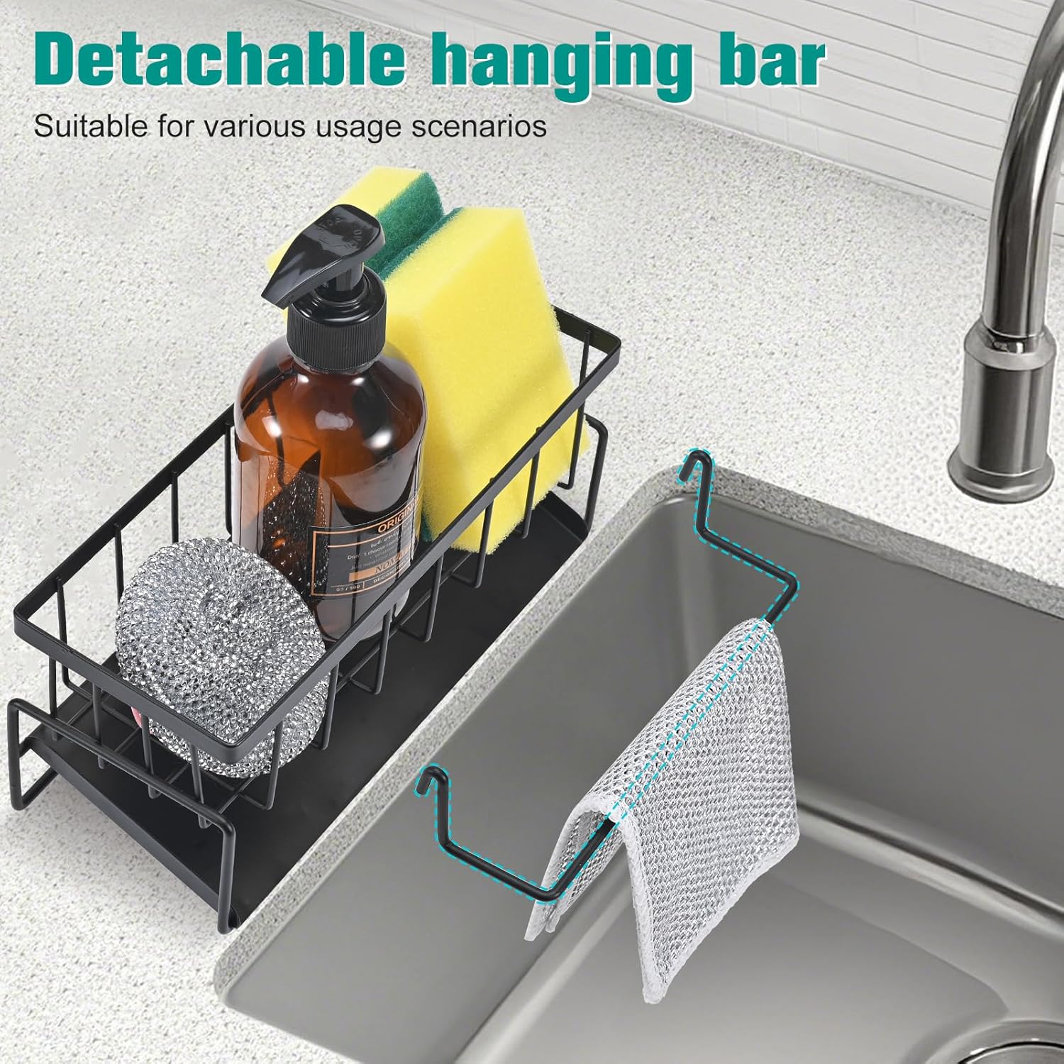Soporte para fregadero de cocina organizador de fregadero acero inoxidable soporte almacenamiento para fregadero con bandeja drenaje automático negro - 3