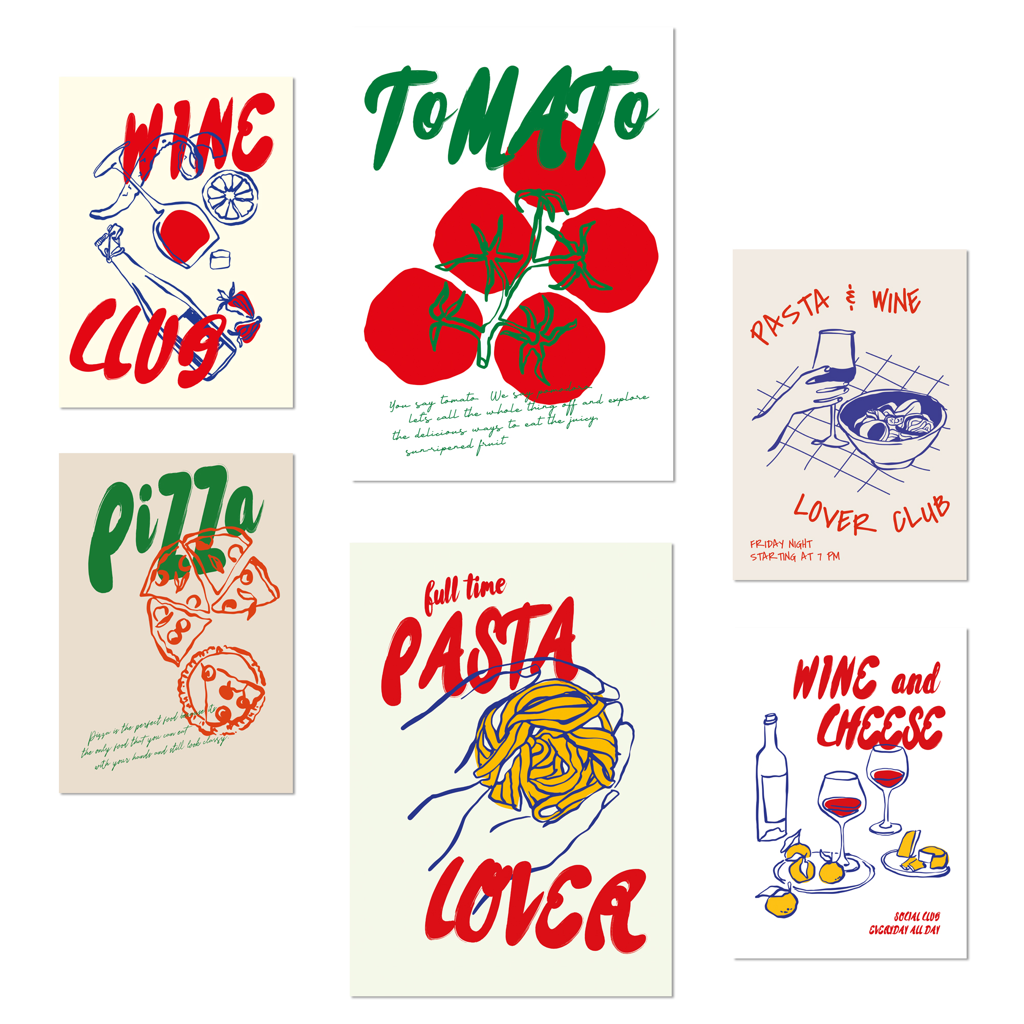 Nacnic set de 6 pósters ilustraciones de alimentos y comida estilo pop art tomate pasta y pizza