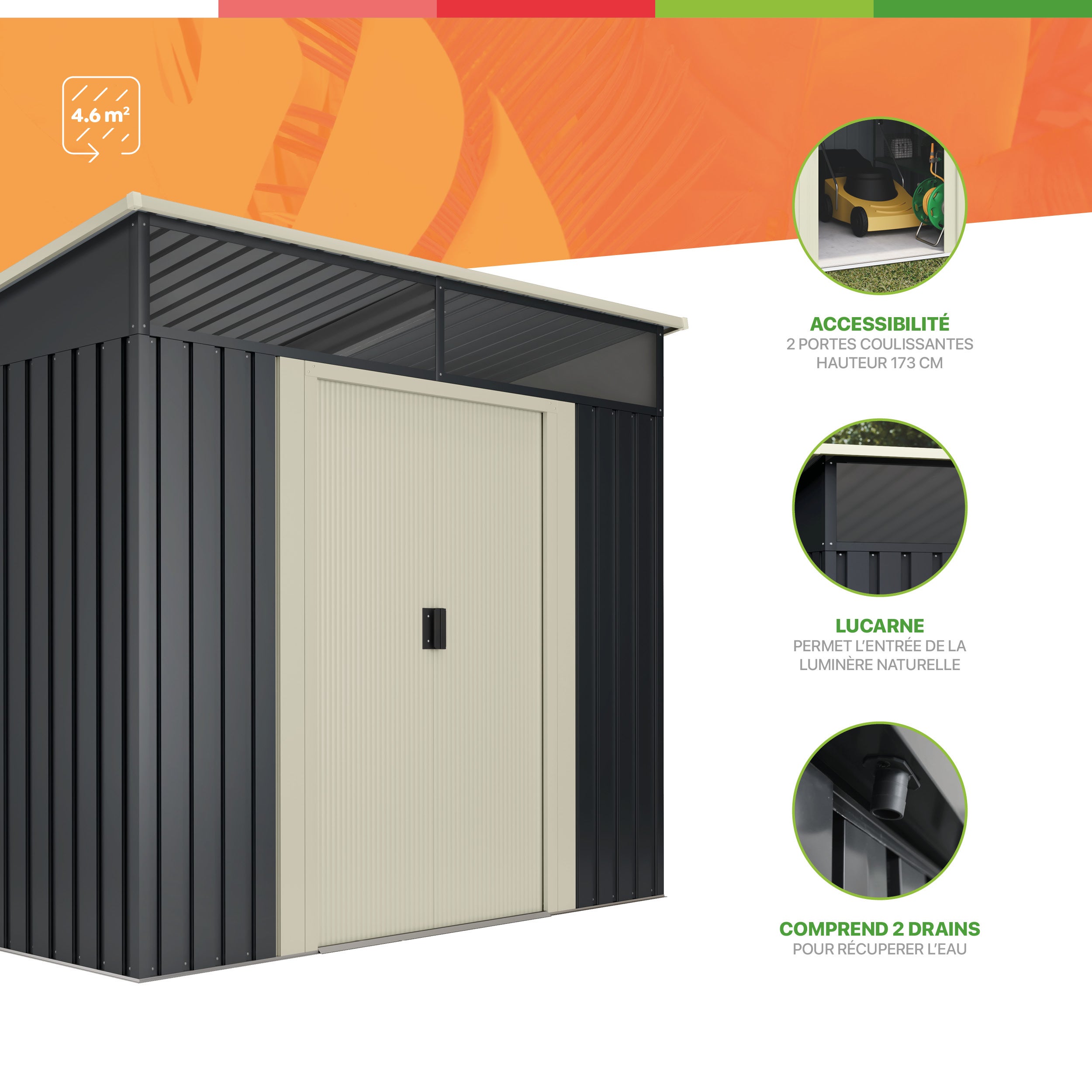Abri de Jardin en Métal 4,6m2 Wasabi Stark avec fenêtre - Garantie 10 ans - 194x239x203cm - Cabane de jardin - 3