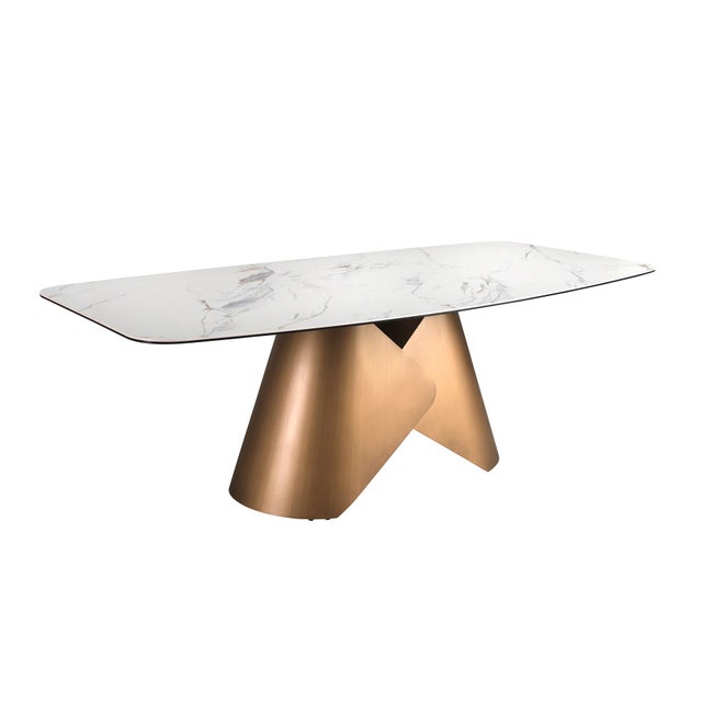Mesa comedor ovalada barril mármol porcelánico y acero color bronce 240 x 120 x 76