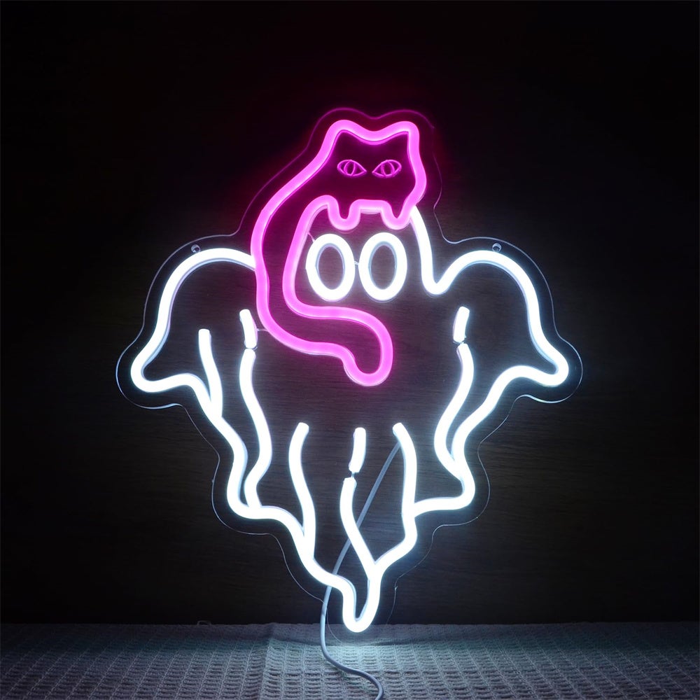 Neon Halloweenowy duch kota, różowy kot uderza w światła głowy, upiorny wystrój ściany ducha na zabawną imprezę, prezent dla dzieci 32x37 cm