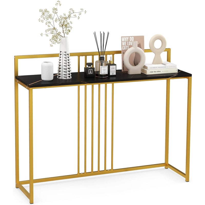Stolik konsolowy z drewna o wyglądzie marmuru, stolik pomocniczy z metalową ramą w kolorze złotym, stół do korytarza,120 x 32,5 x 88 cm (czarny)