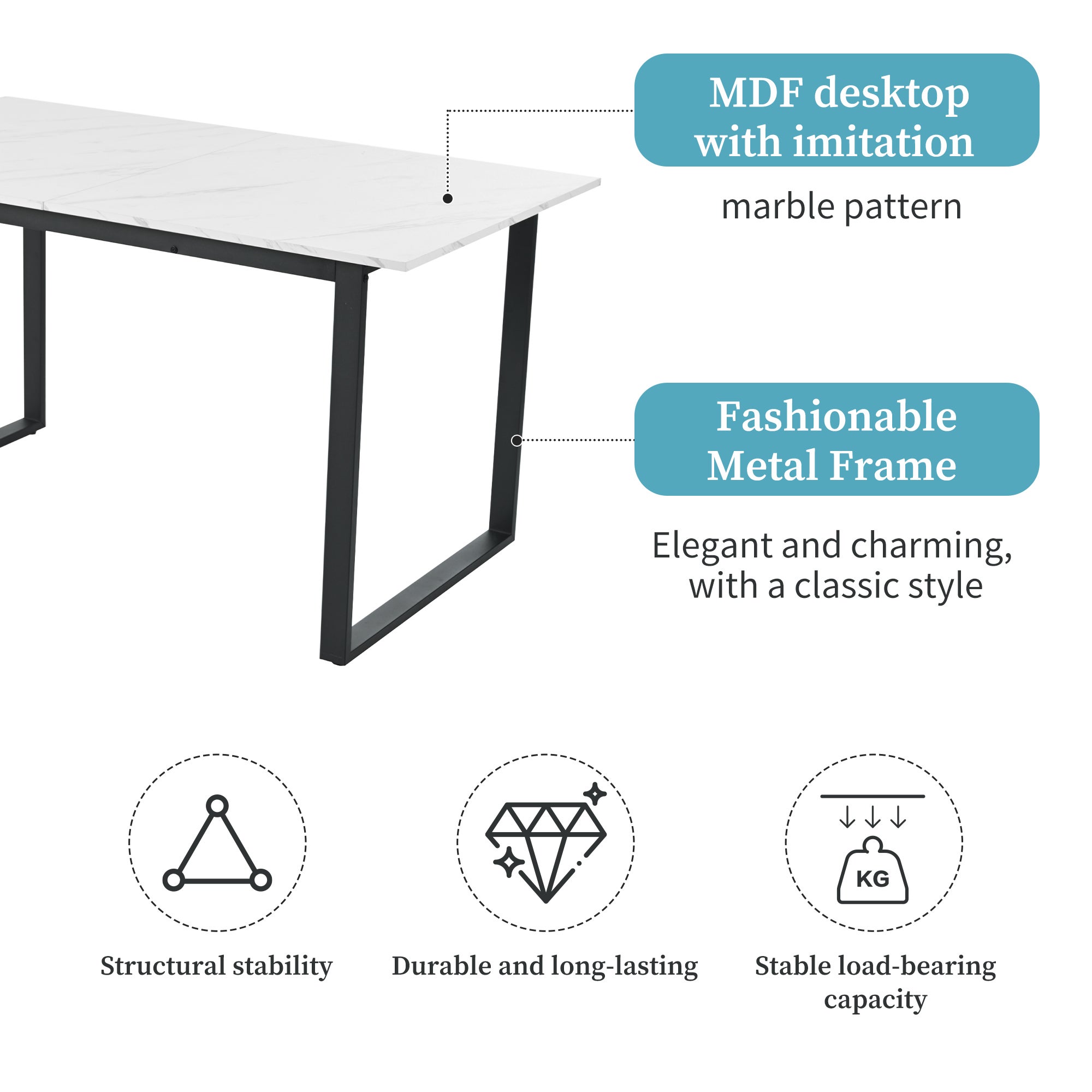 Ensemble table à manger + 8 chaises en velours - 140/180 x 80 x 75 cm - MDF et pièds en métal - Plateau en effet marbre - Blanc + gris - 6