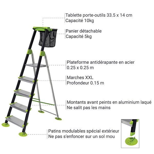 Escabeau de jardin 5 marches - Hauteur de travail maximale de 3.06m - 219205 - 5
