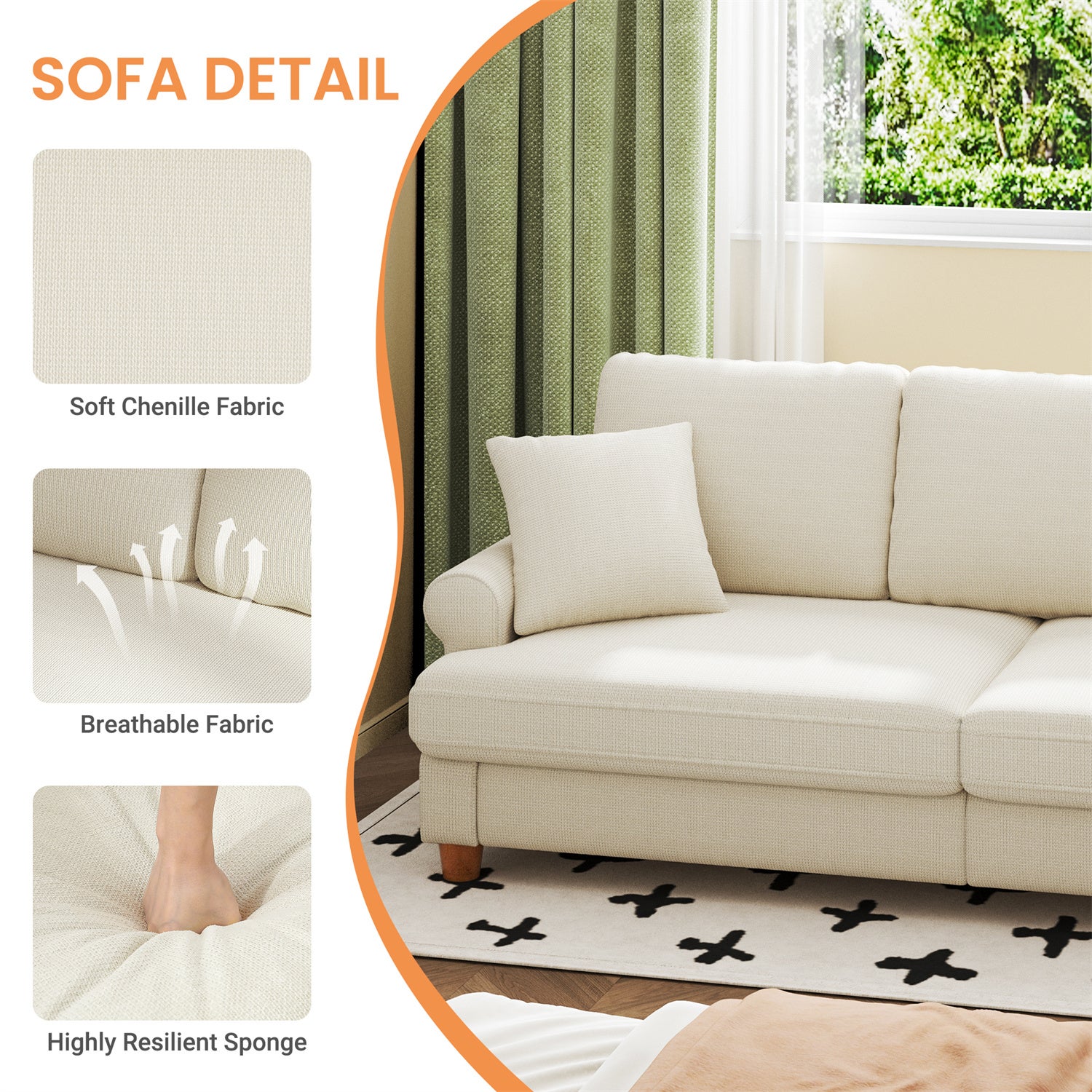 Grand Canapé 3 Places en Chenille Beige avec accoudoirs,coussins et oreillers,Canapé Scandinave pour le salon,220×74×86cm - 6