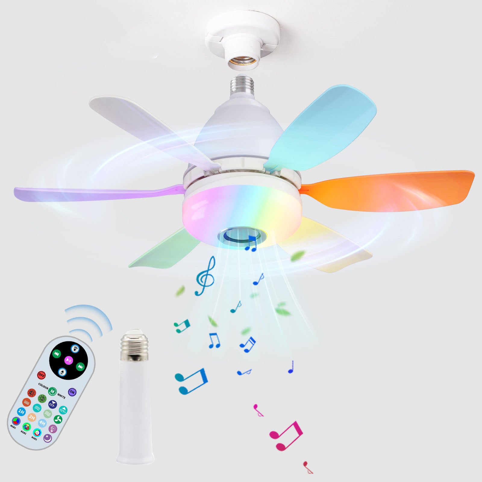 Wentylator sufitowy RGB z regulacją prędkości z oświetleniem, timerem, funkcją muzyczną, odpowiedni do biura, trójkolorowa zmiana światła