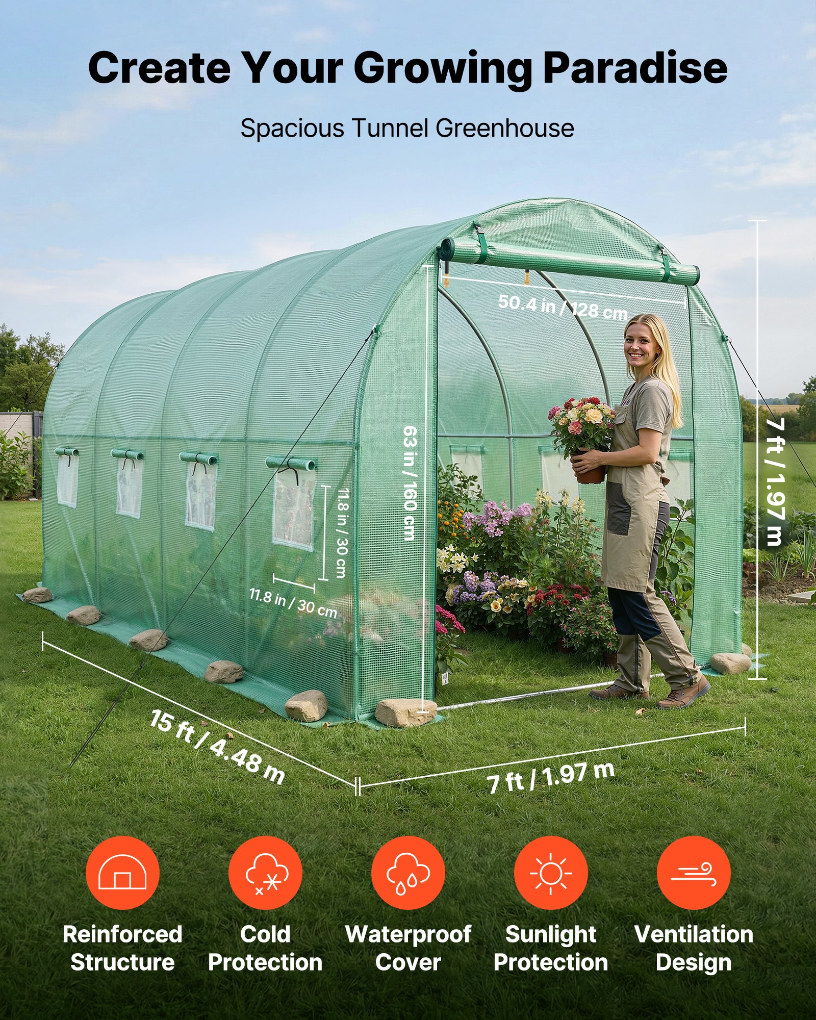 Serre de Jardin VEVOR Tunnel 4,48x1,97x1,97 m Serre Tunnel Maraîchère avec Système Arrosage 3 Modes, 6 Buses, Cadre Acier Galvanisé, Bâche PE, Vert - 2