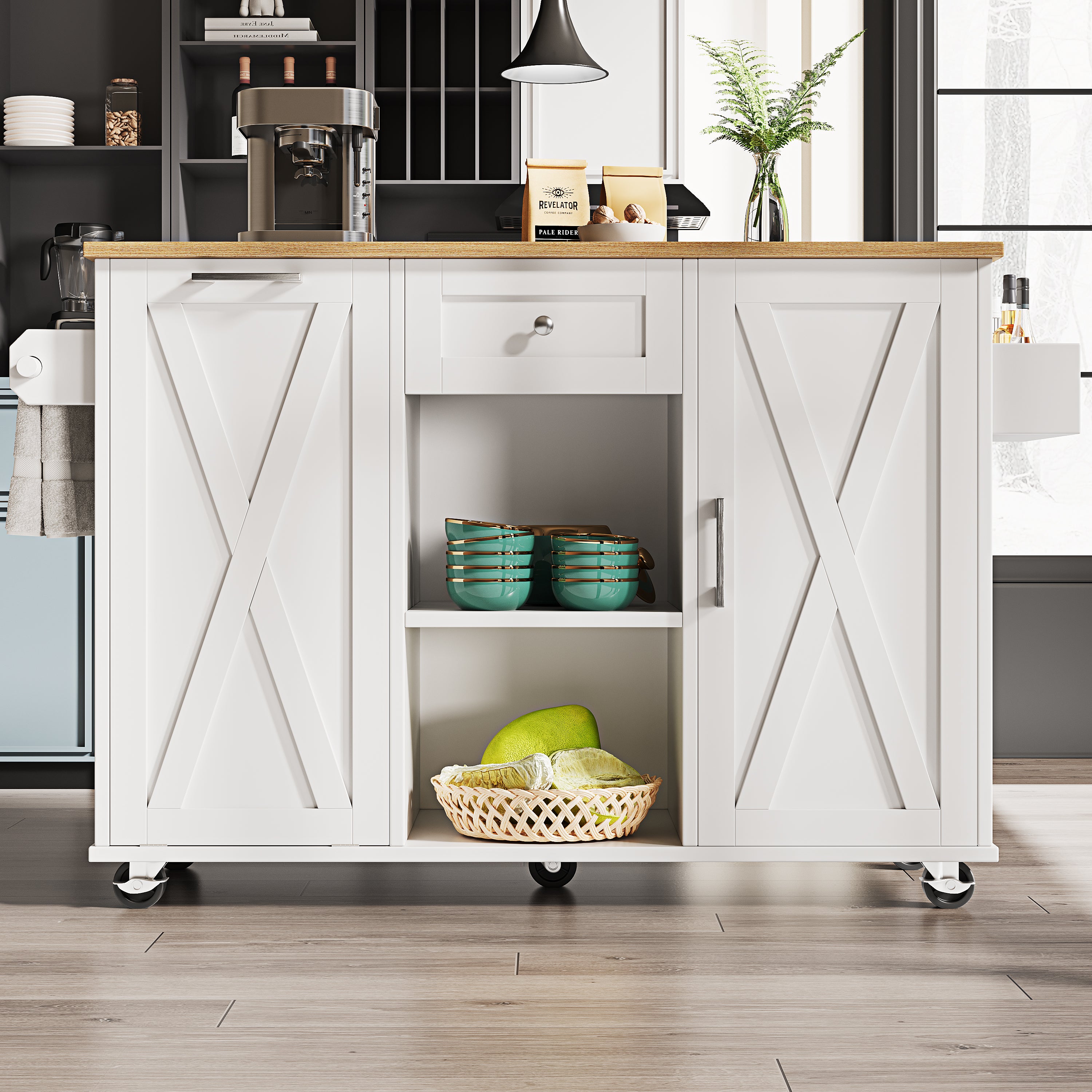 Îlot Central De Cuisine TUNORI - 2 Portes, 1 Tiroir, 2 Niches - Blanc Et Naturel - Rangement Et Espace Repas