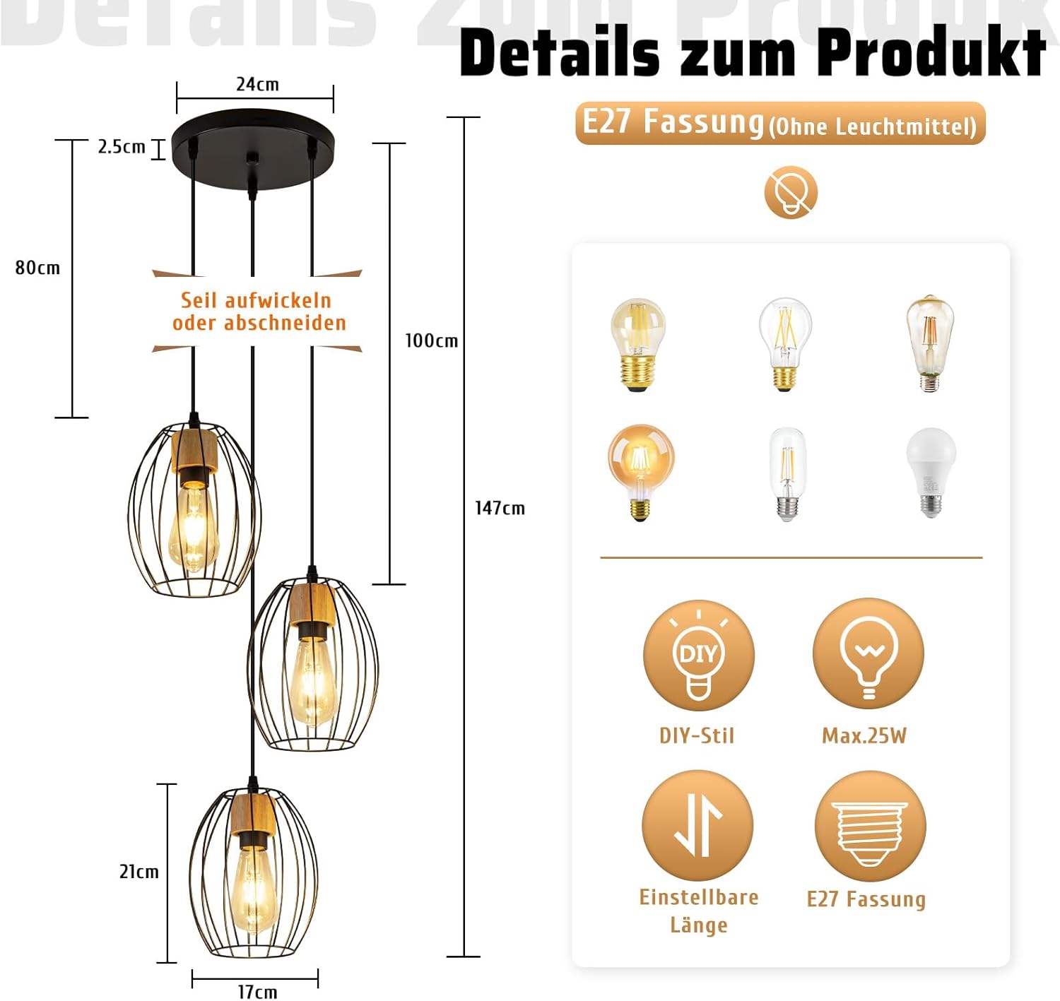 ZMH Czarna metalowa lampa wisząca E27 z 3 lampkami w stylu vintage, regulowana wysokość, żarówka nie jest dołączona - 3
