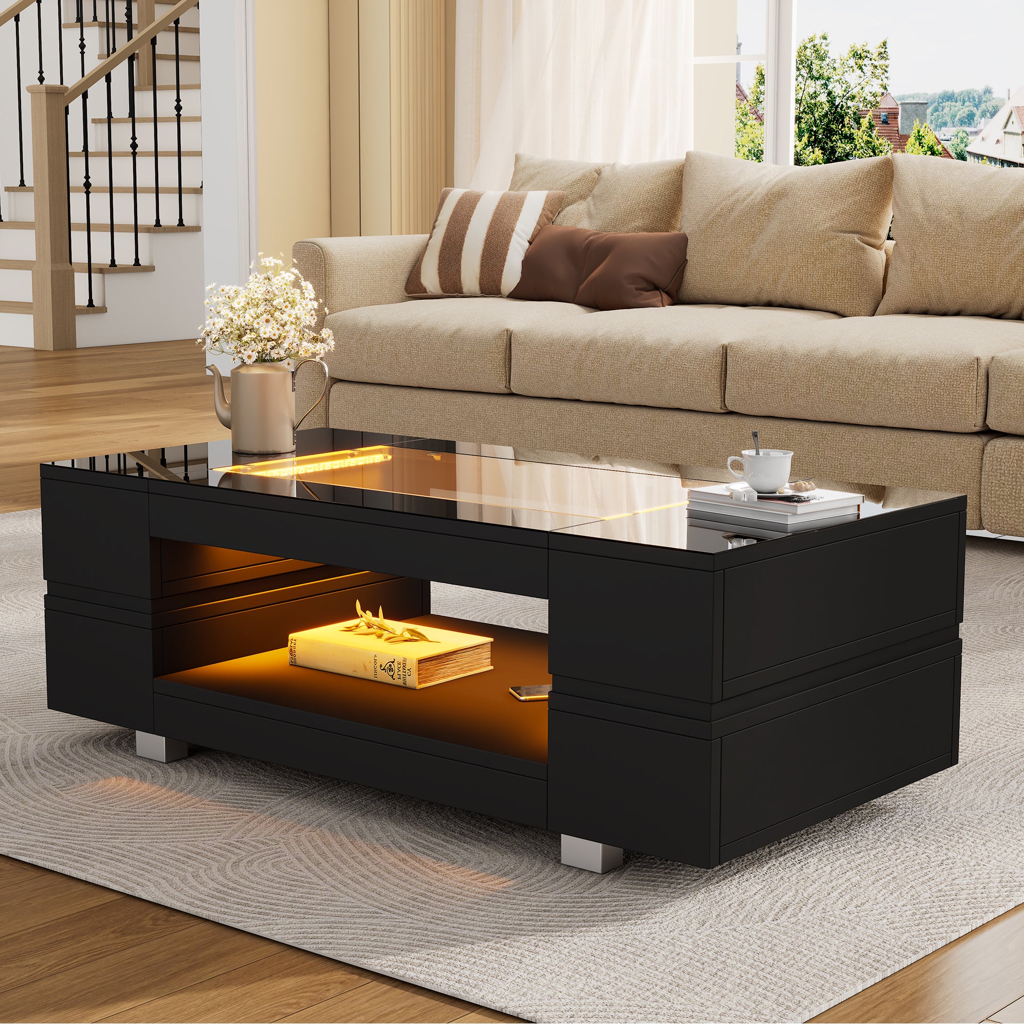 Table basse LED noire 100x50x35 cm, double plateau creux en verre ...